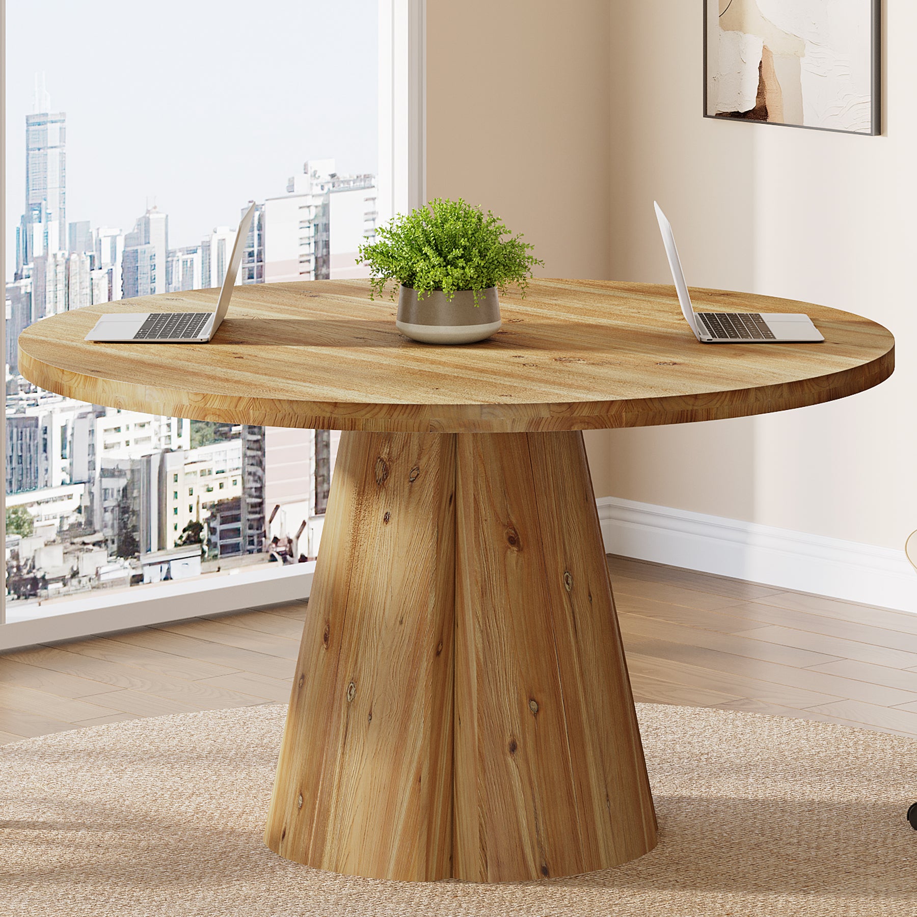 Tribesigns 47.24-Inch Solid Wood Conference Table, Rustic Round Meeting Table with Pedestal Base for Office