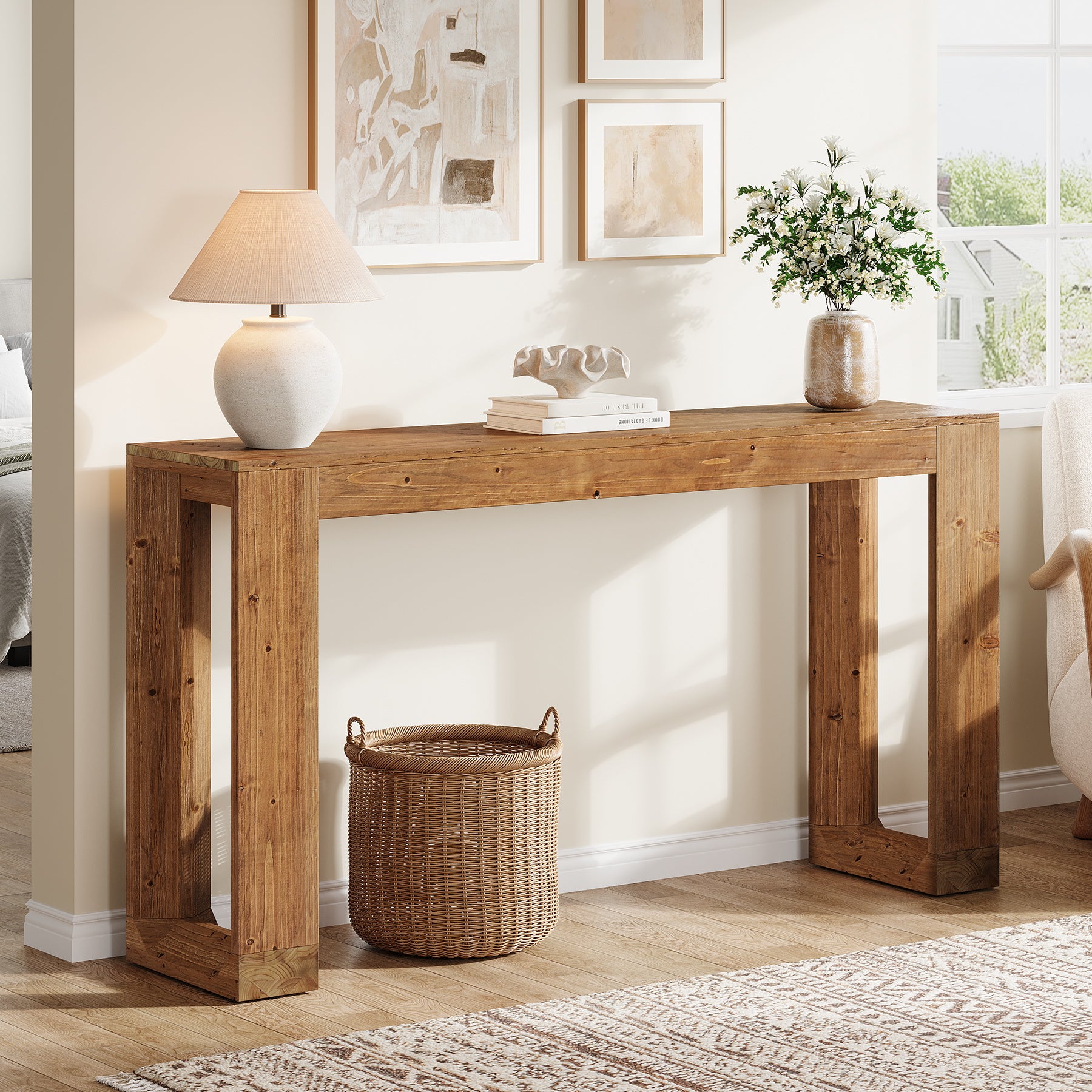 Tribesigns 63-Inch Farmhouse Console Table with Reinforced Base, Solid Wood Sofa Table for Entryway Study and Living Room