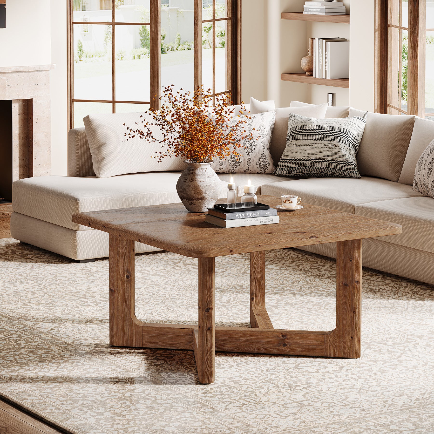 Tribesigns 31.5 Inch Square Solid Wood Coffee Table, Farmhouse Living Room Table with Sturdy Base