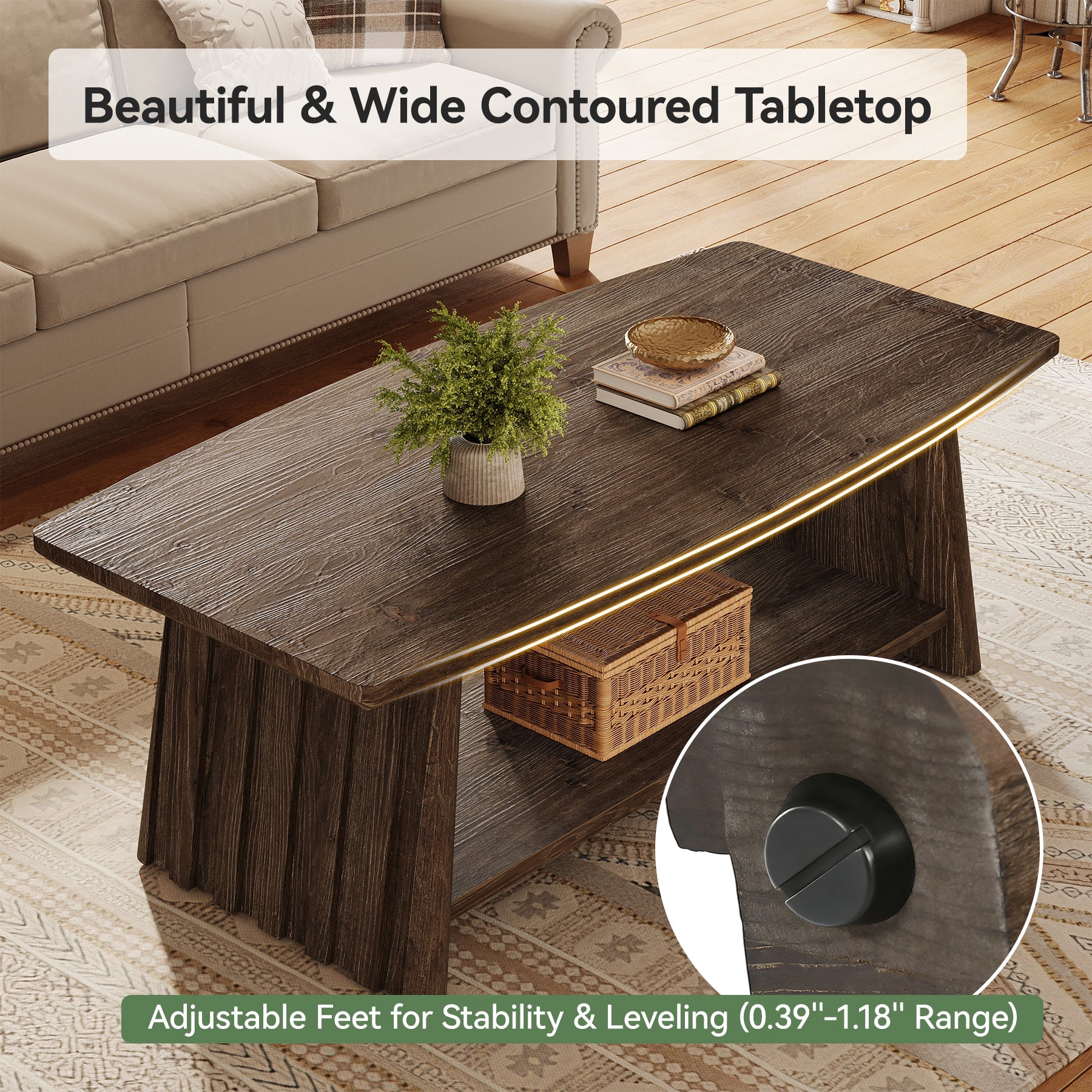 47-Inch Farmhouse Fluted Coffee Table, 2-Tier Storage Table in Dark Brown