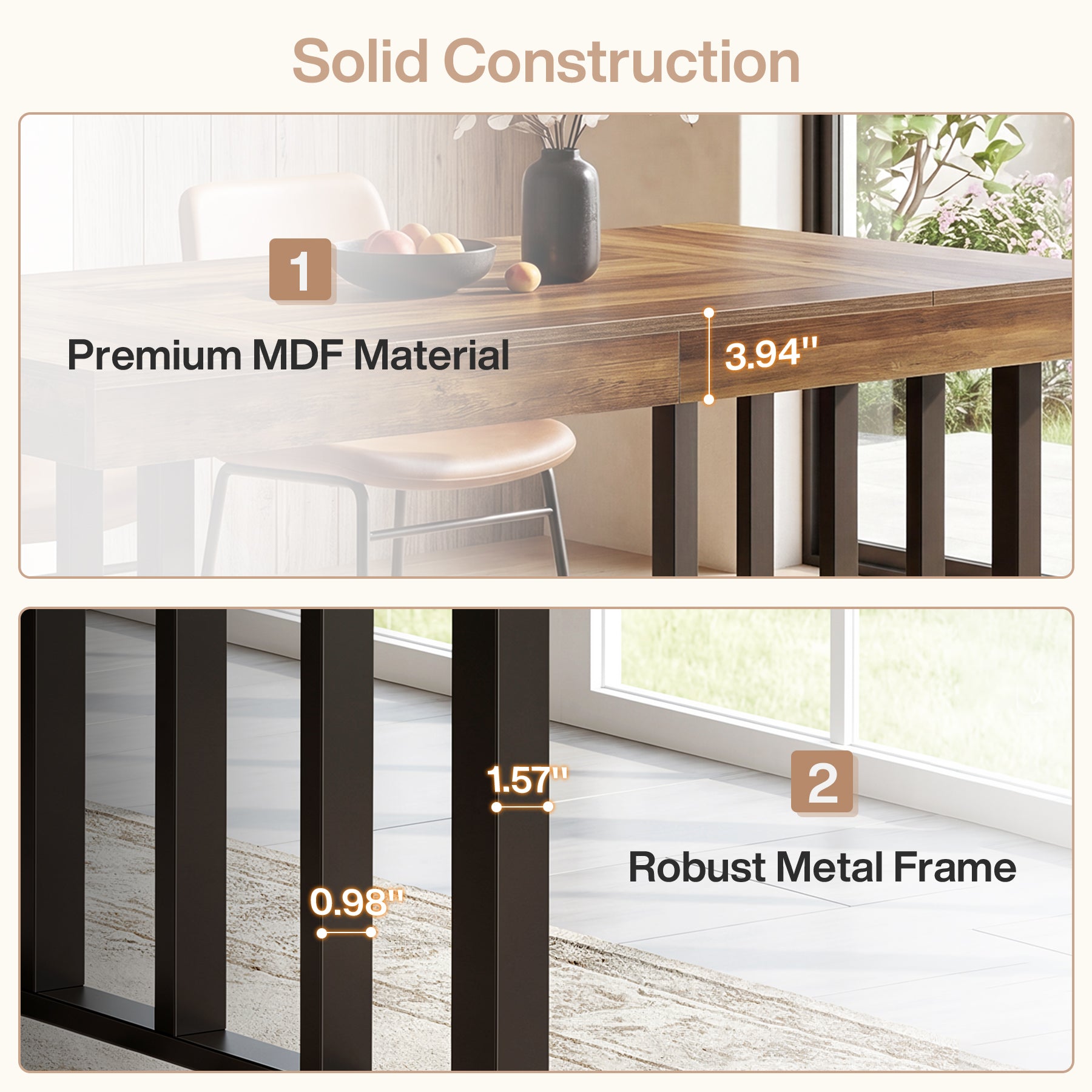 55-Inch Rectangular Dining Table for 4, Thick-Top Kitchen Table for Small Spaces