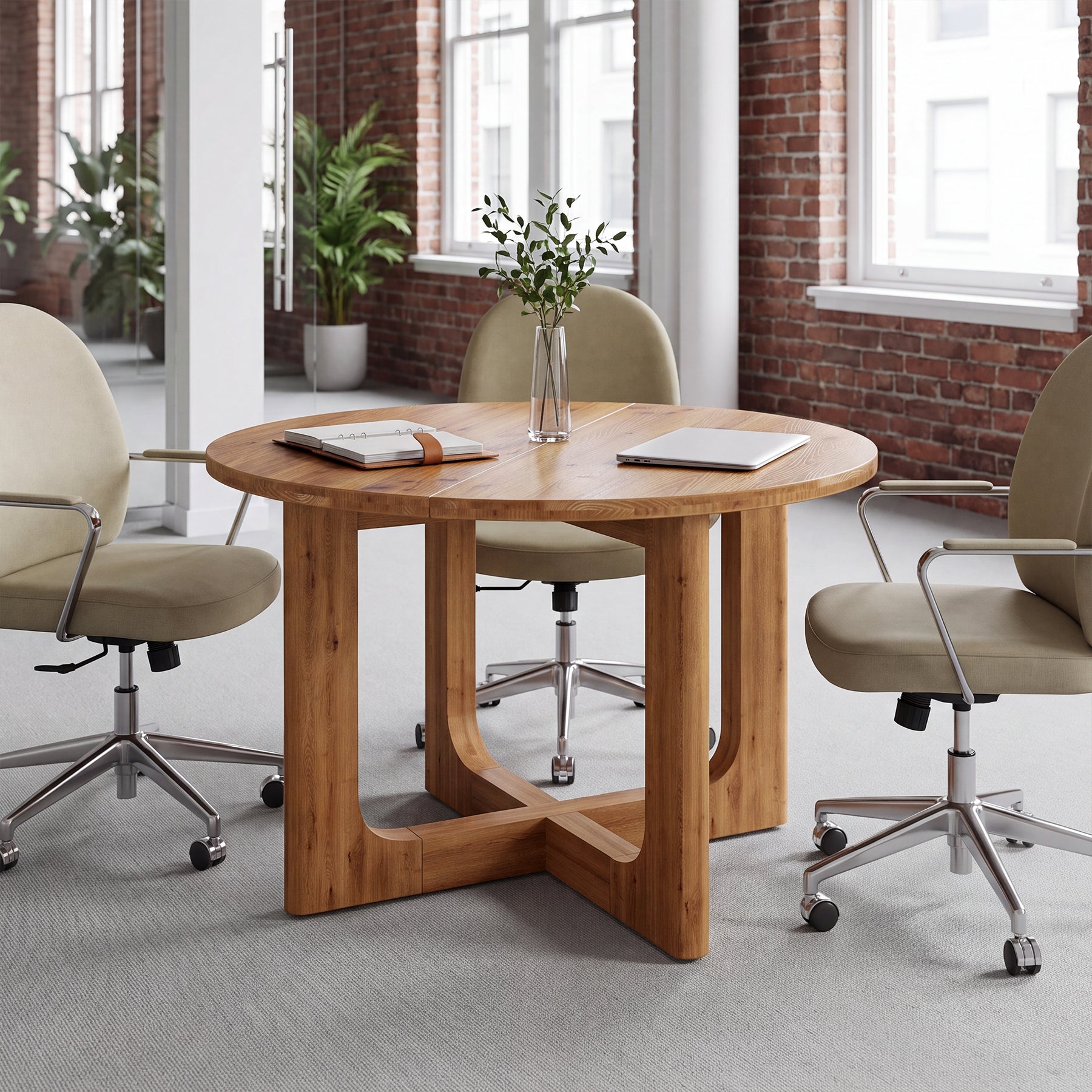 39.4-Inch Round Solid Wood Conference Table with Cross Base, Meeting Table for Office