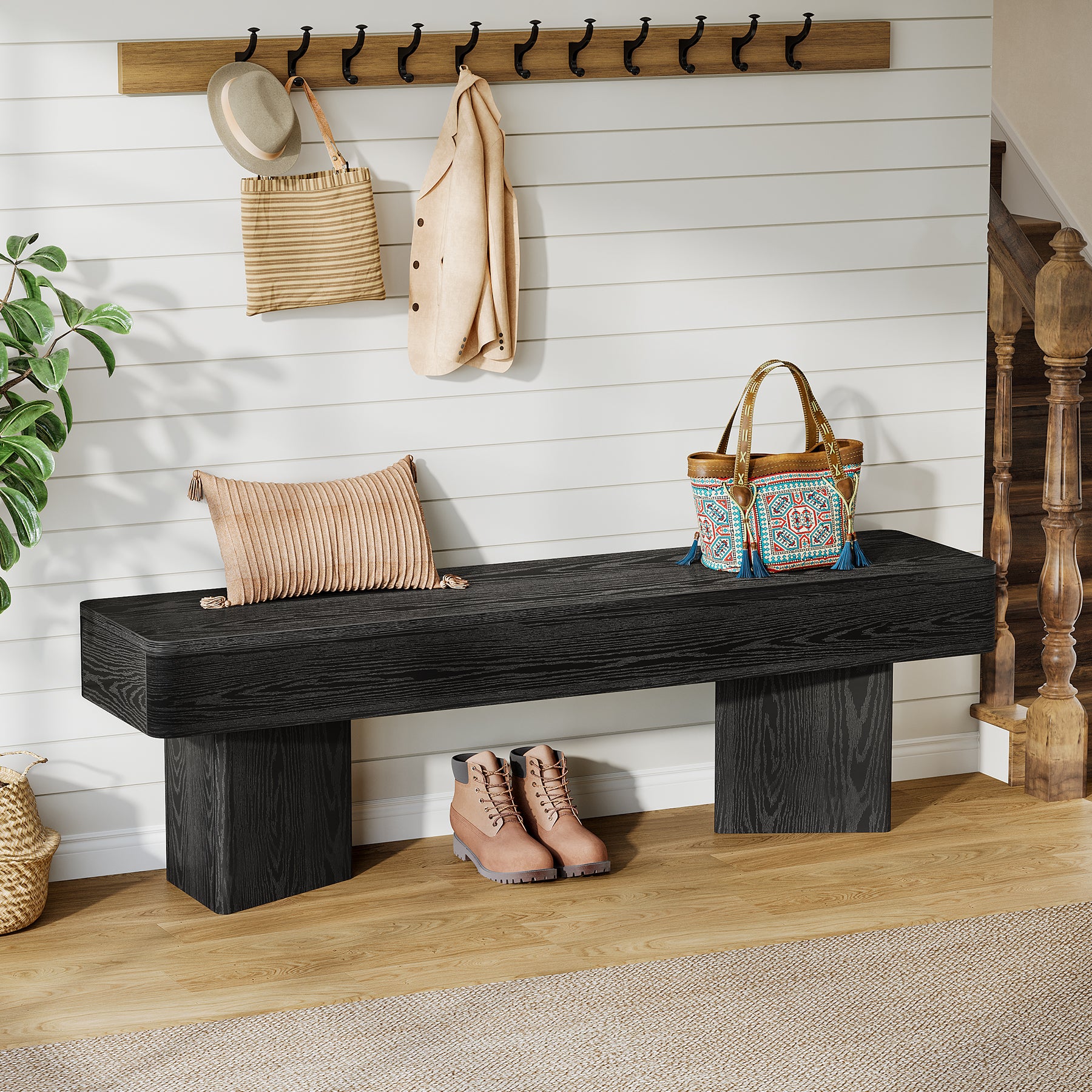 47.24-Inch Modern Indoor Bench with Black Finish and Rounded Edges，Modern Wooden Bench for Entryway