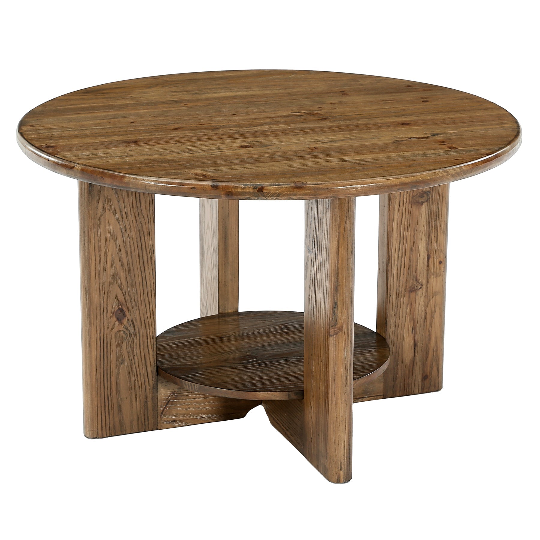 31.5-Inch Solid Wood Round Coffee Table, 2-Tier Farmhouse Circle Center Table with Storage