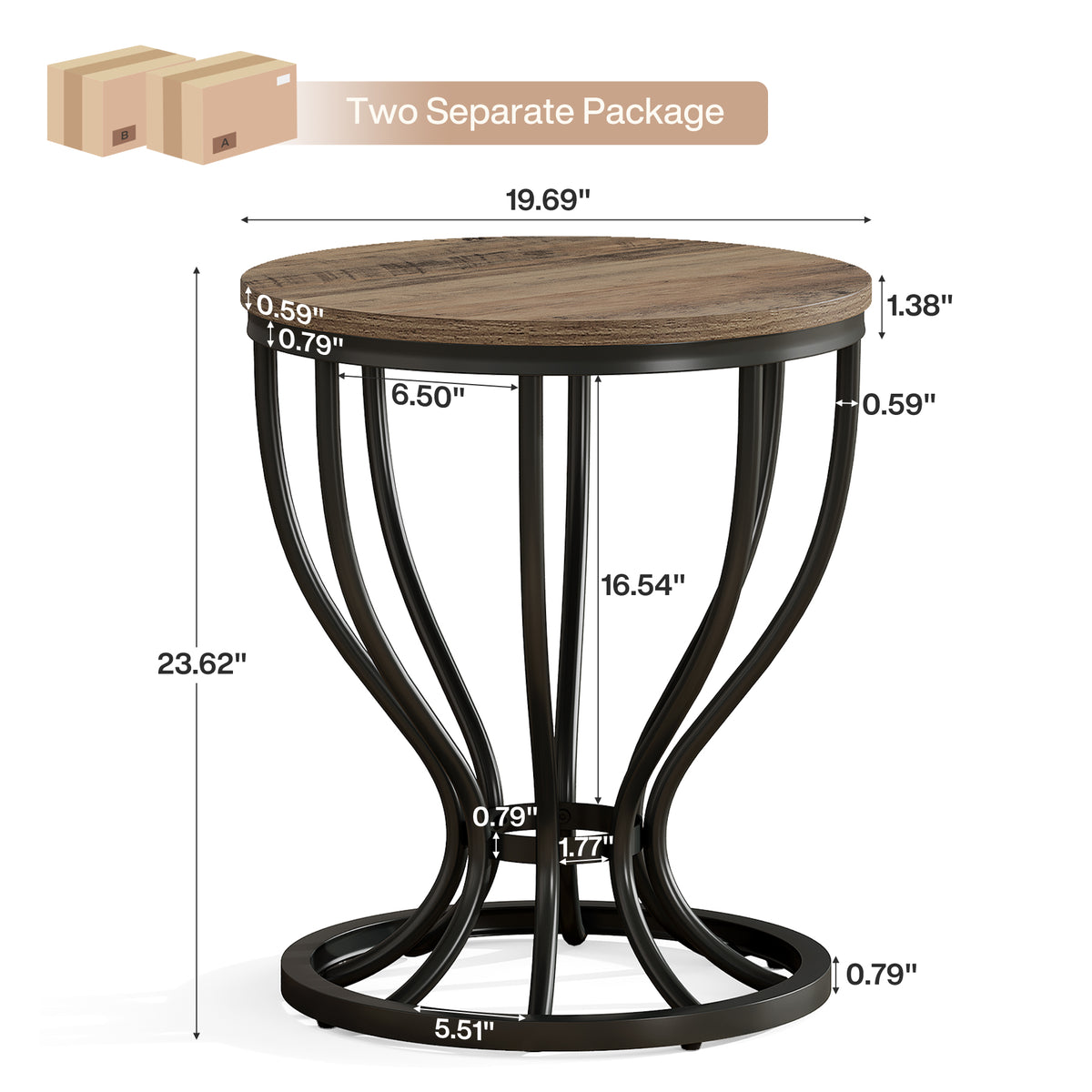 Tribesigns 19.7-Inch Round Side Table with Metal Frame, Rustic Accent Table for Living Room
