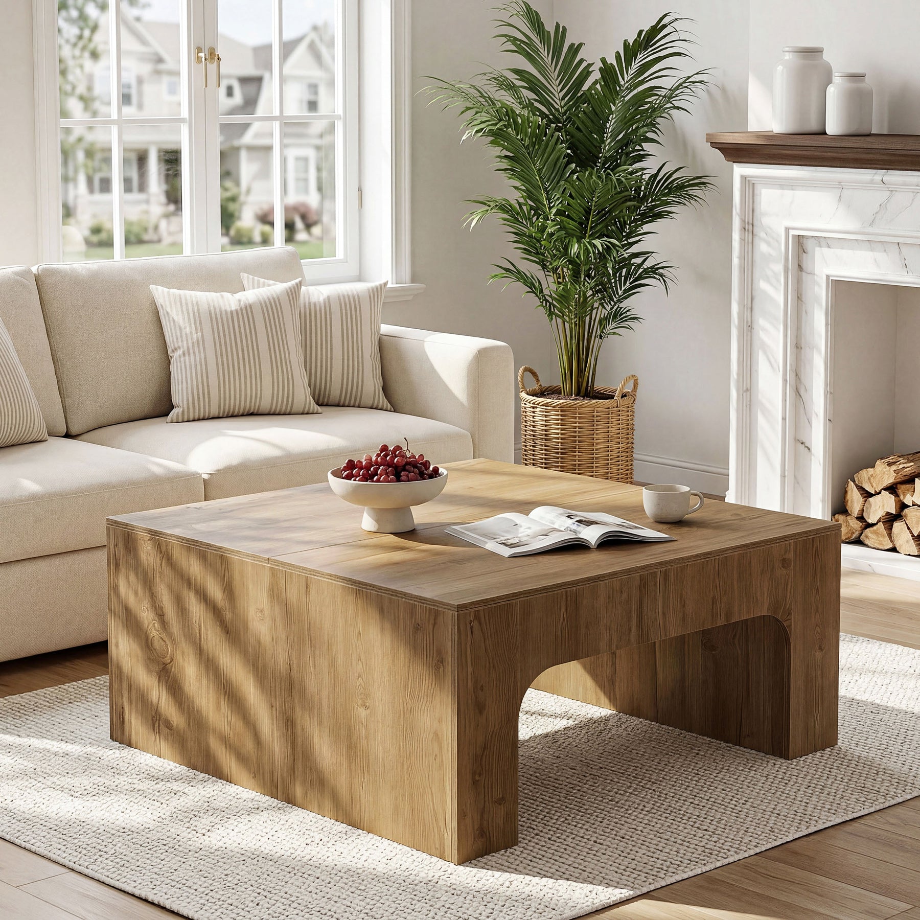 39 Inch Square Coffee Table, Farmhouse Wooden Center Table with Curved Design for Living Room