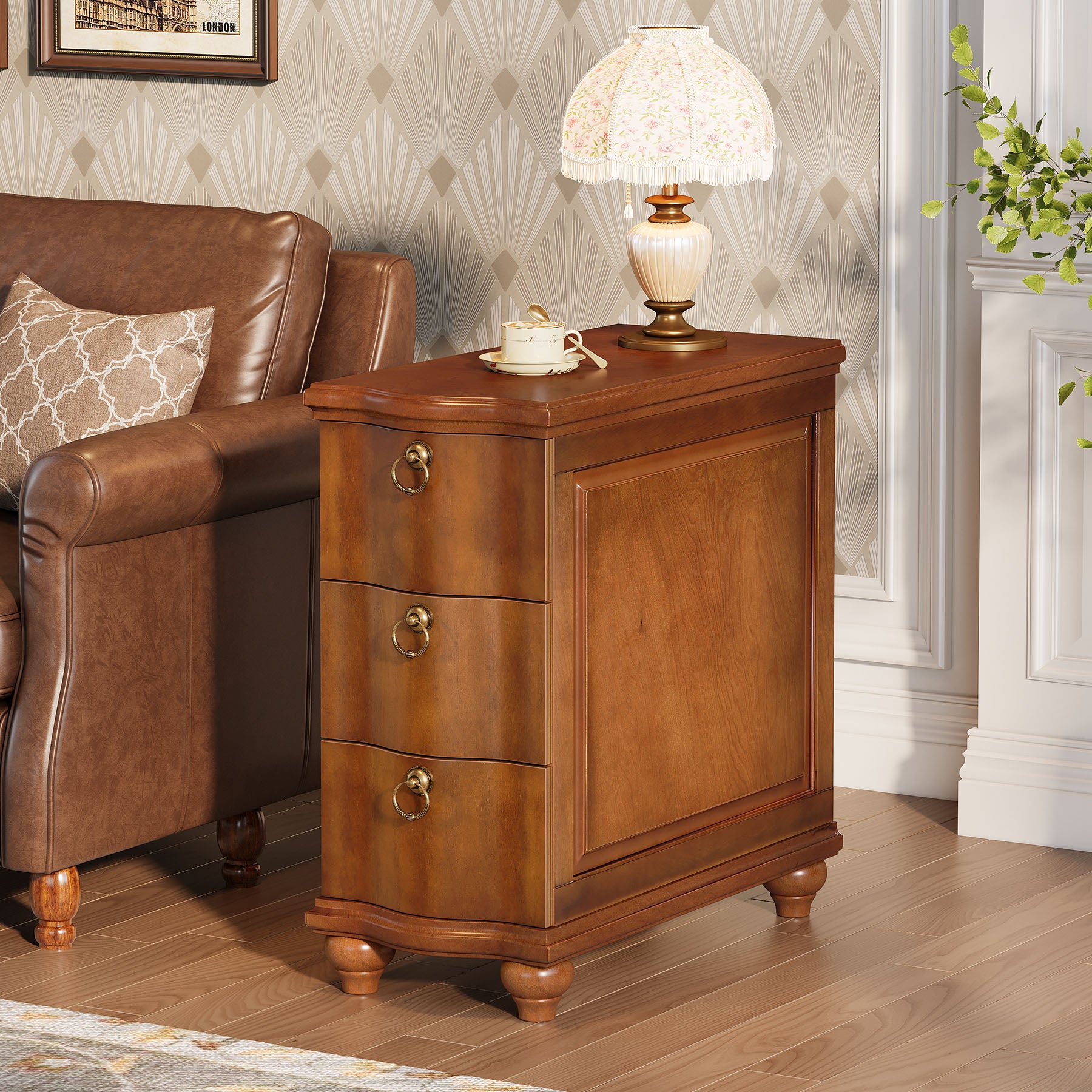 Tribesigns 11.02-Inch Wide Fully Assembled End Table with 3 Drawers, Narrow Walnut Brown Side Table for Bedside Living Room