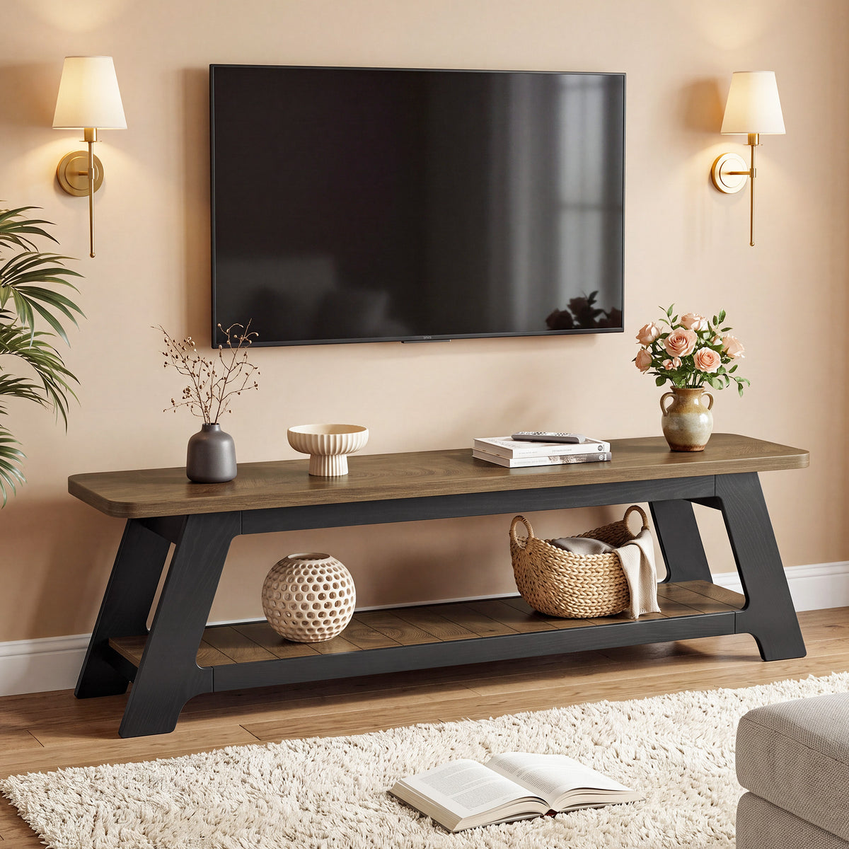 63 Inch TV Stand for 70 Inch TVs with Open Storage Shelf, Modern Farmhouse Media Console for Living Room