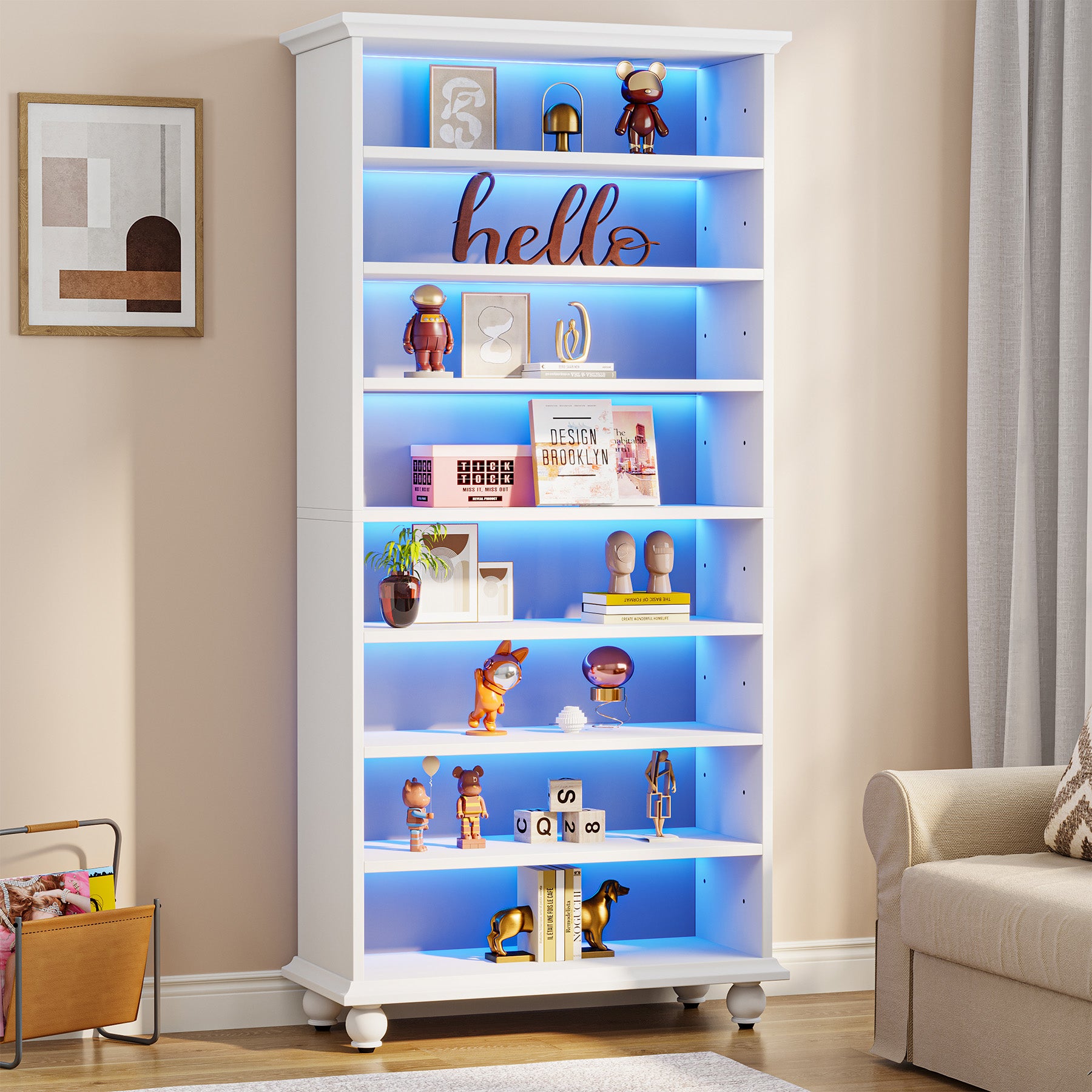 Tribesigns 69-Inch White Bookcase with LED Lighting and Solid Wood Legs, 9-Tier Open Bookshelf for Living Room and Home Office