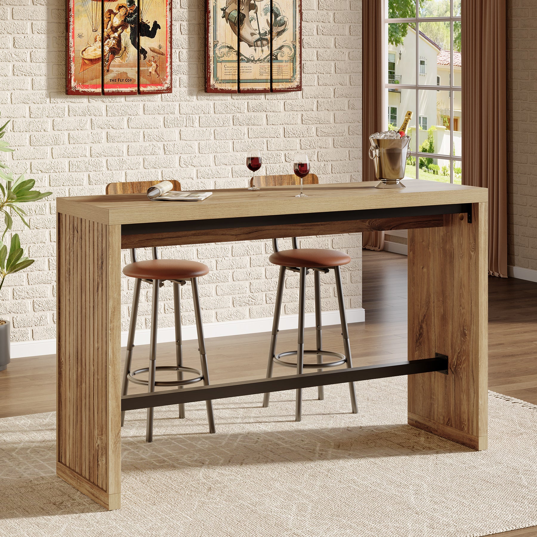Tribesigns 55-Inch Counter Height Bar Table with Metal Footrest and Fluted Design, Rectangular High Top Pub Table for Home Bar Kitchen and Bistro