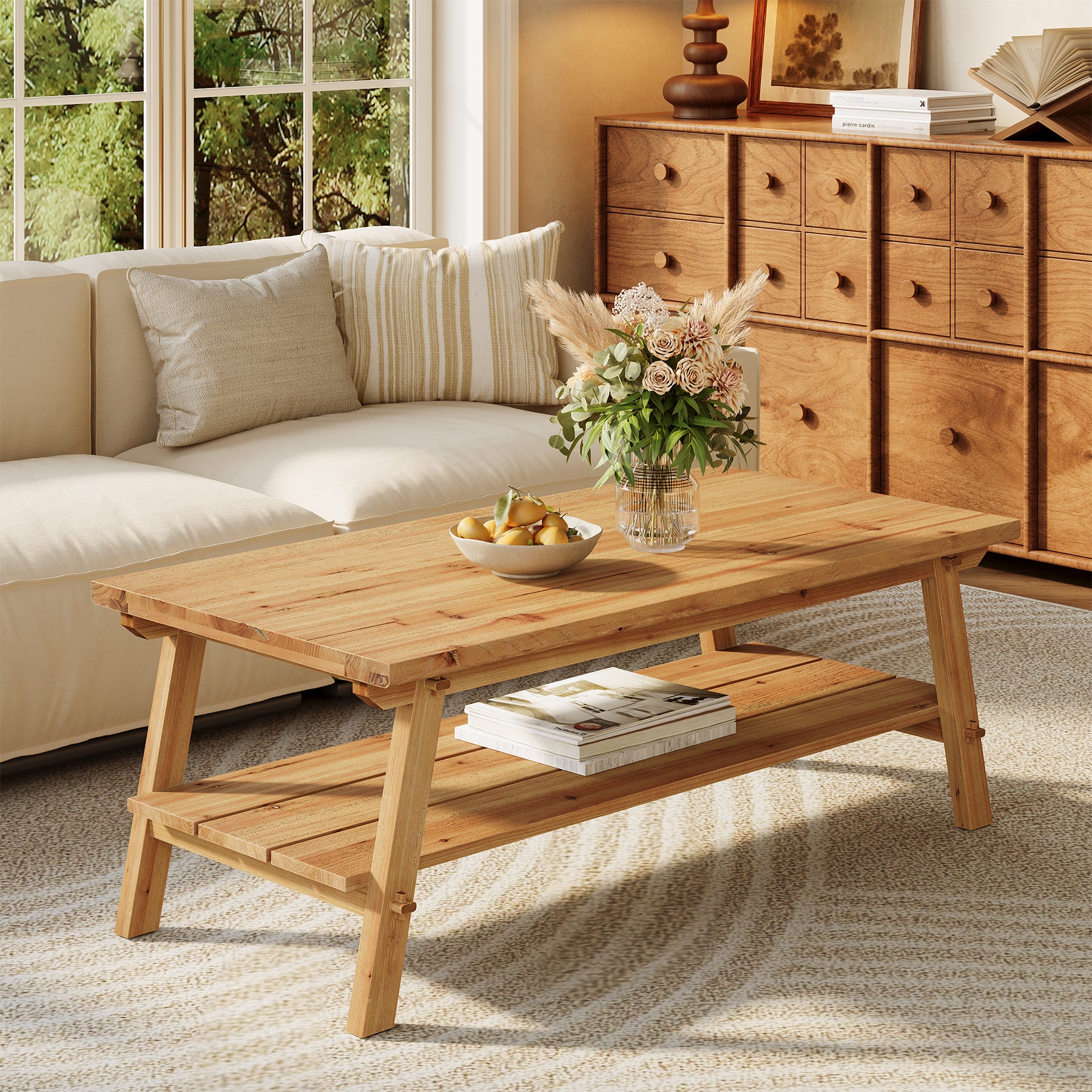 Farmhouse Rectangular Coffee Table, 47-Inch Solid Wood with Two Storage Shelves