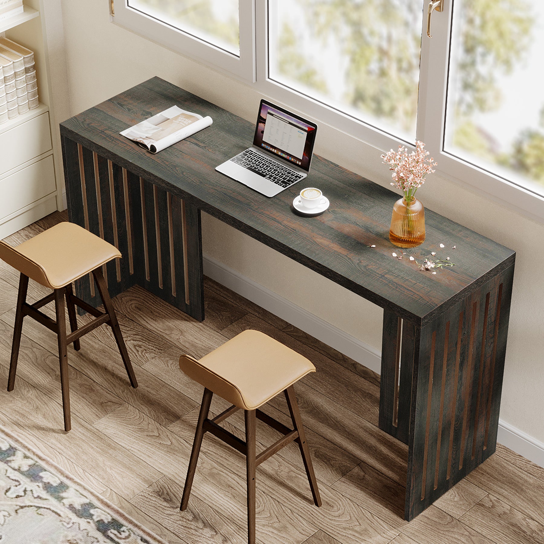 Tribesigns 63-Inch Bar Table, Industrial Counter Height Pub Table with Louvered Base for Kitchen