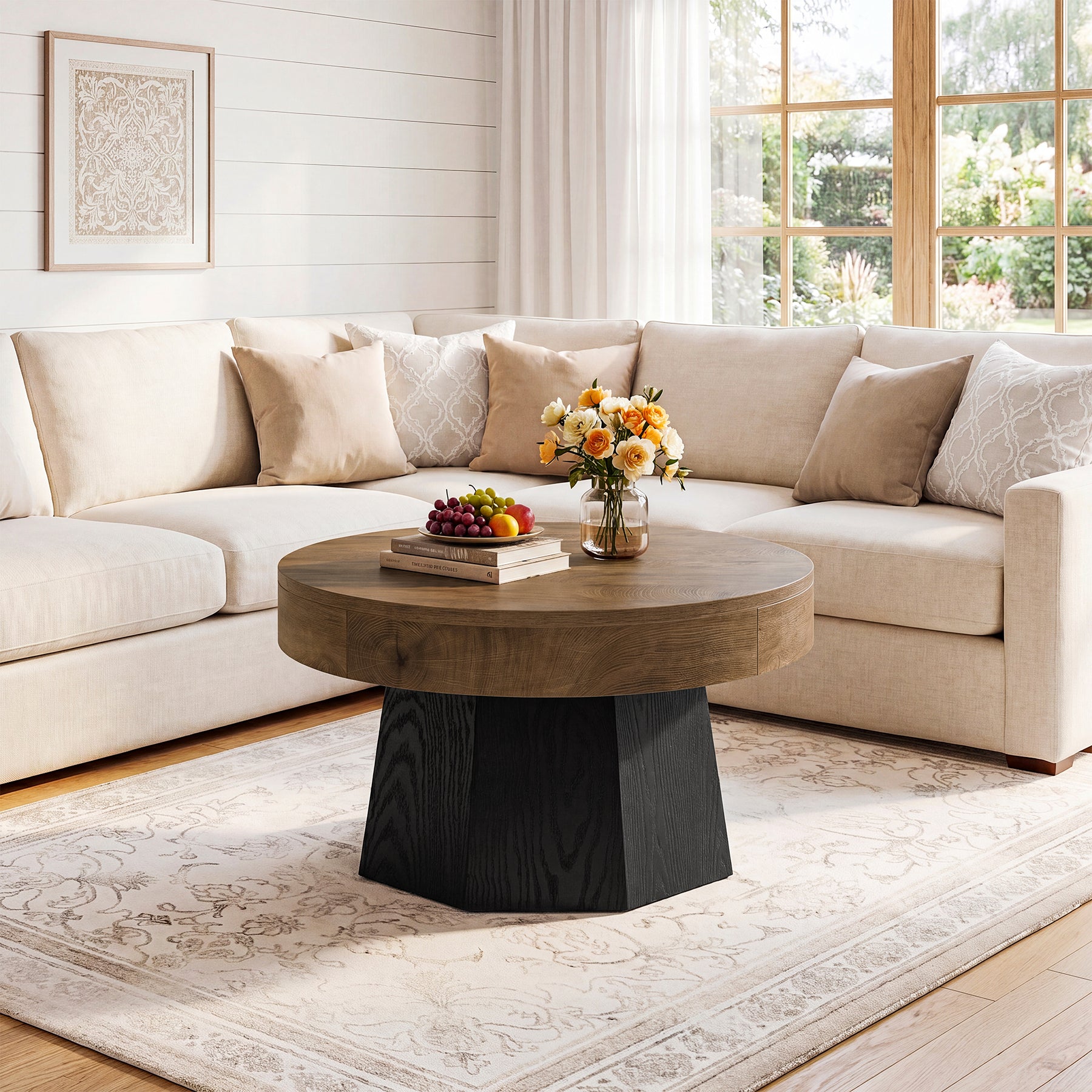 31.5-Inch Round Coffee Table with Octagonal Base, Modern Centre Table for Living Room