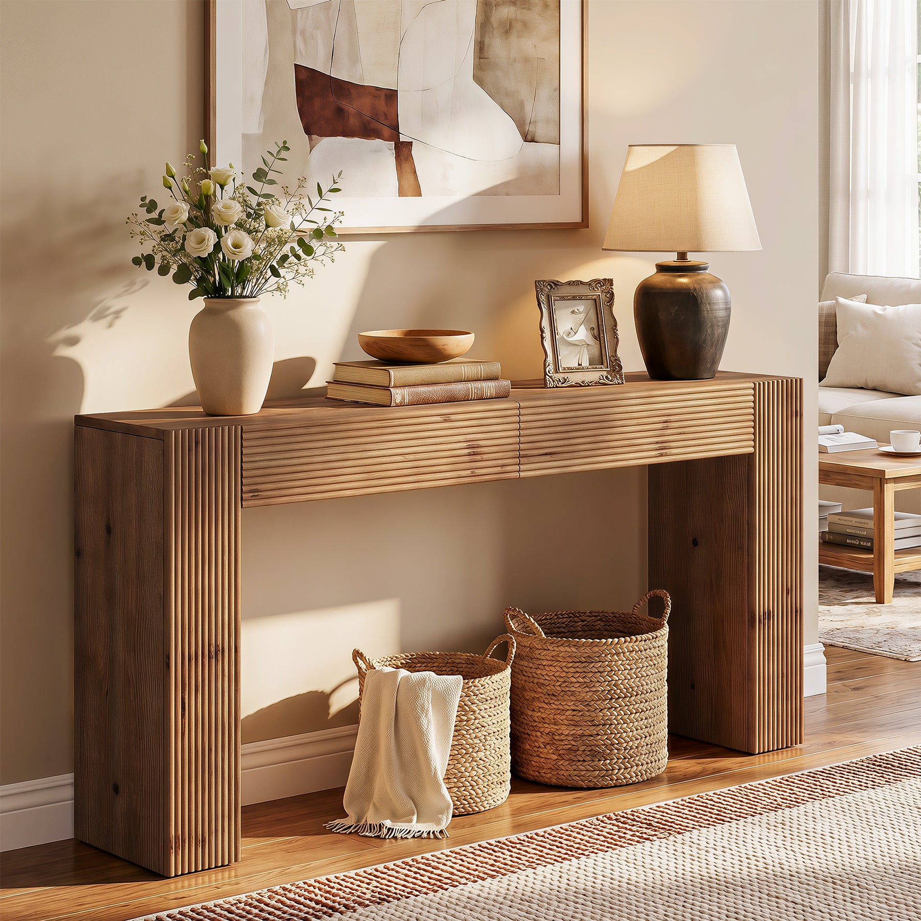 Tribesigns 63-Inch Solid Wood Console Table with 2 Drawers, Fluted Farmhouse Table for Hallway