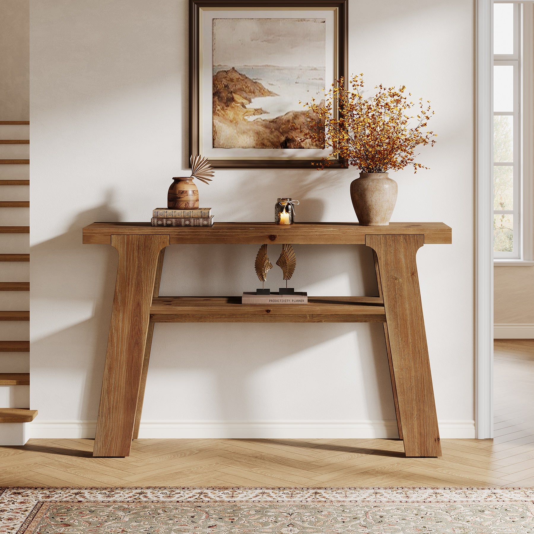 47-Inch Solid Wood Console Table with 2-Tier Storage, Farmhouse Entryway Table
