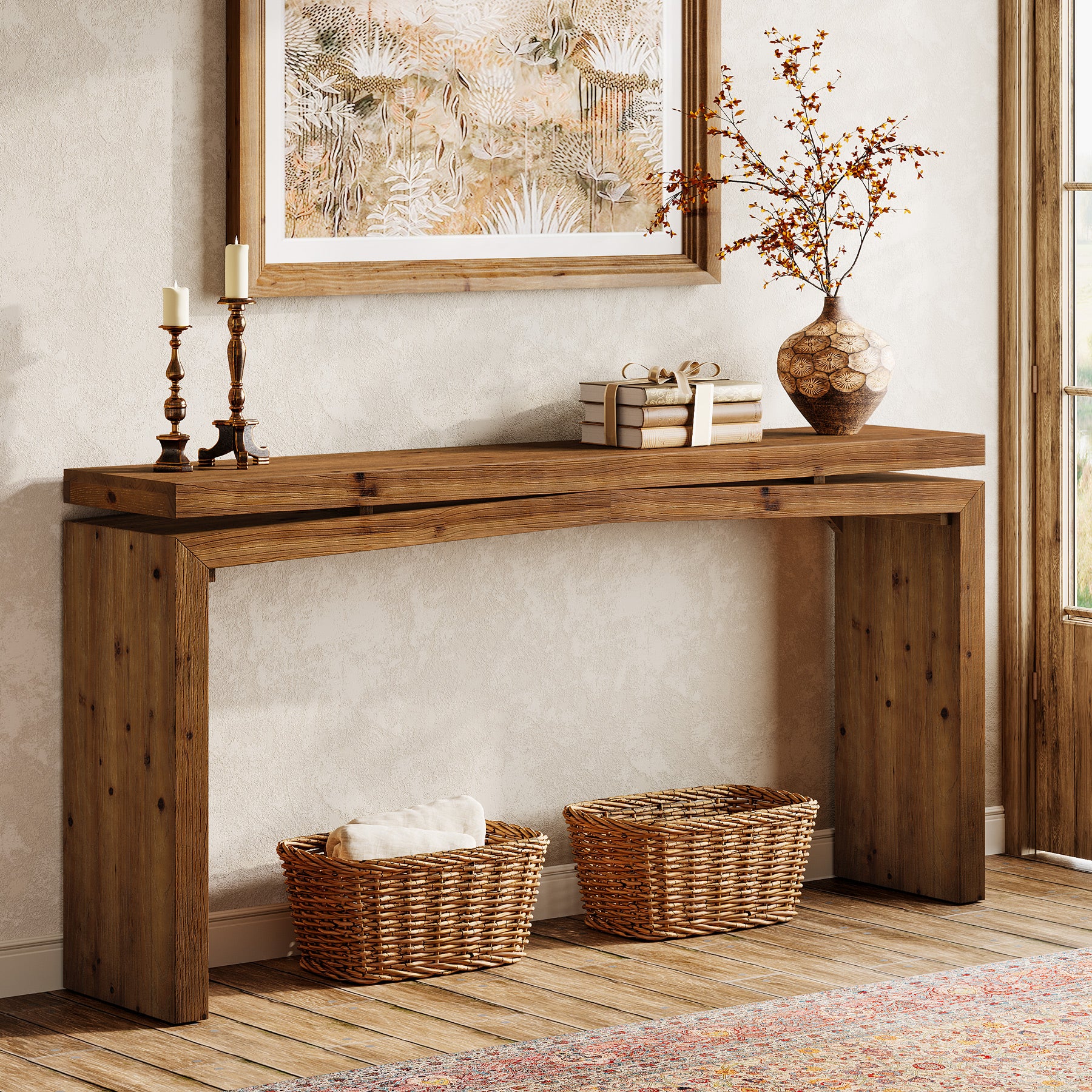 63-Inch Solid Wood Farmhouse Console Table, Long Sofa Table for Entryway