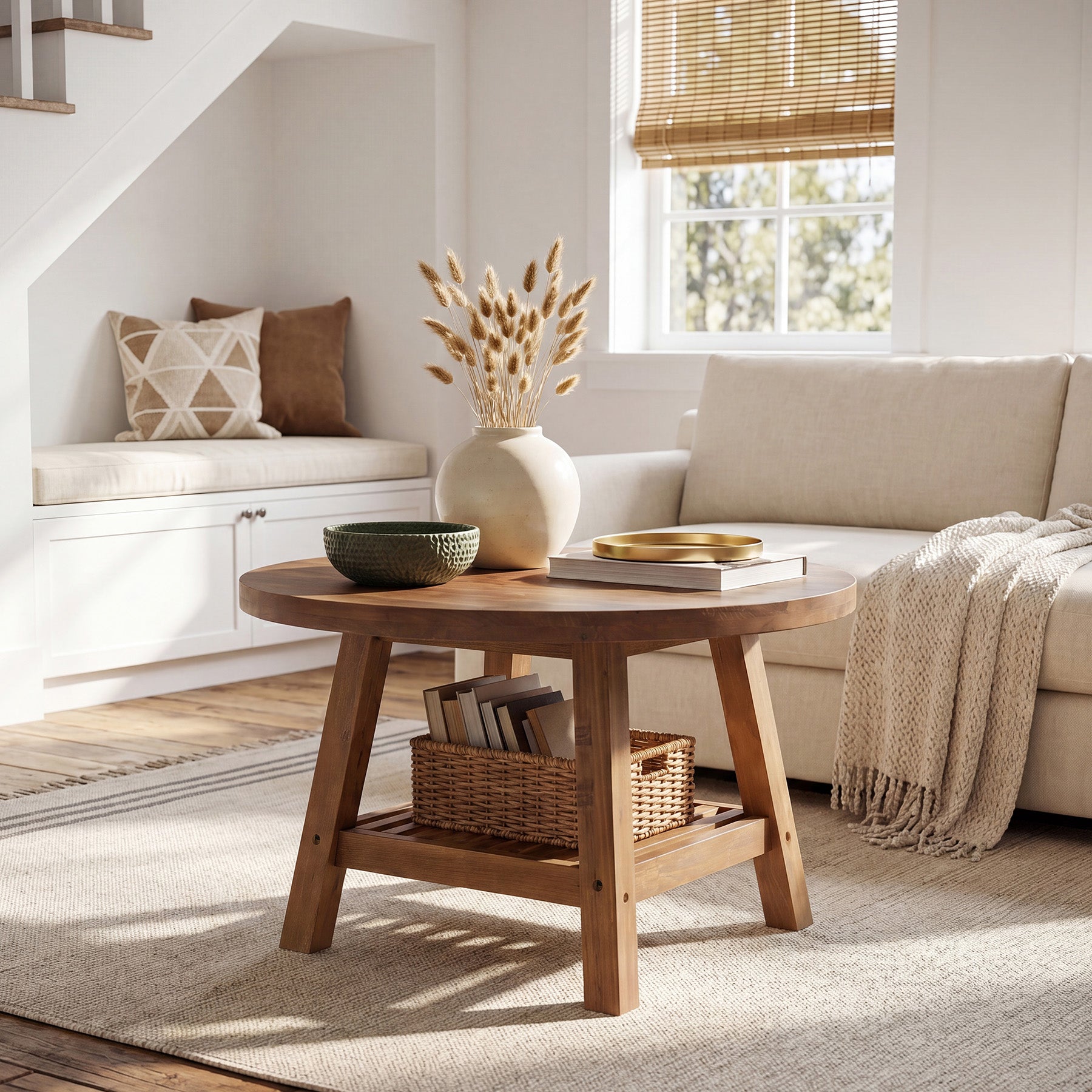 31.5 Inch Solid Wood Round Coffee Table with 2-Tier Storage, Living Room Center Table
