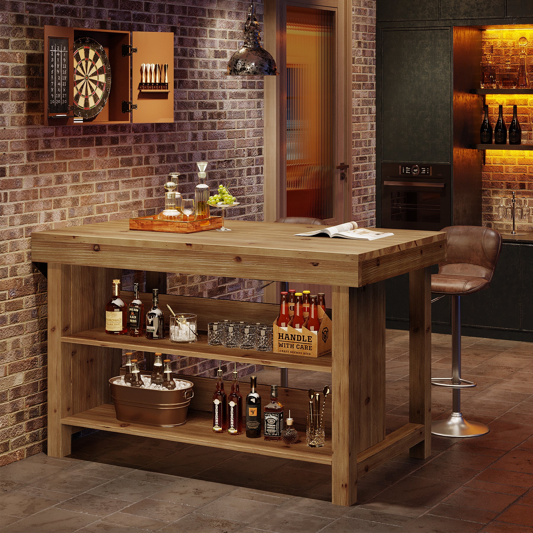 Tribesigns 55-Inch Solid Wood Bar Table with 3-Tier Open Storage Shelves, Farmhouse Counter Height Pub Table