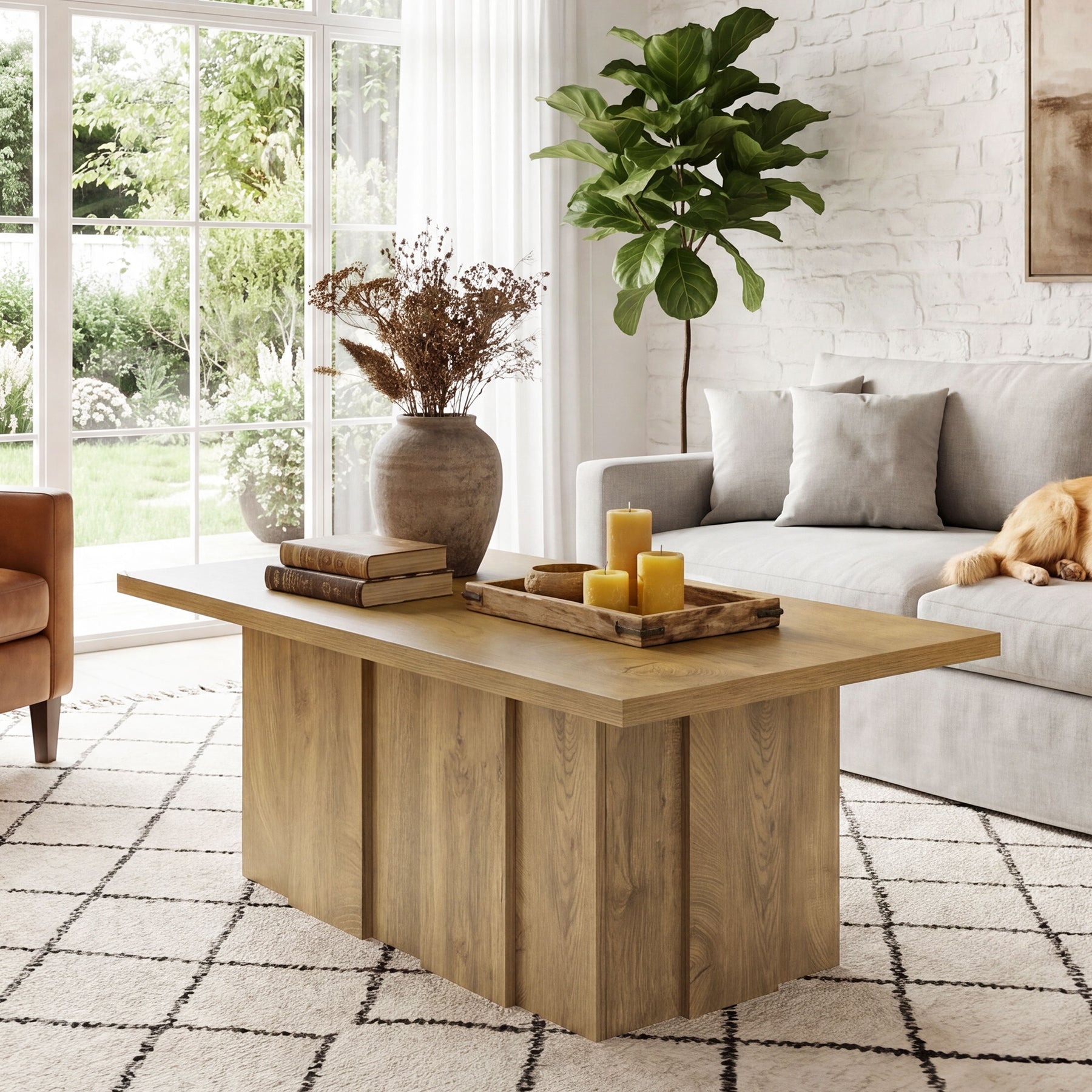 47.2-Inch Coffee Table with Fluted Pedestal Base, Farmhouse Center Table for Living Room