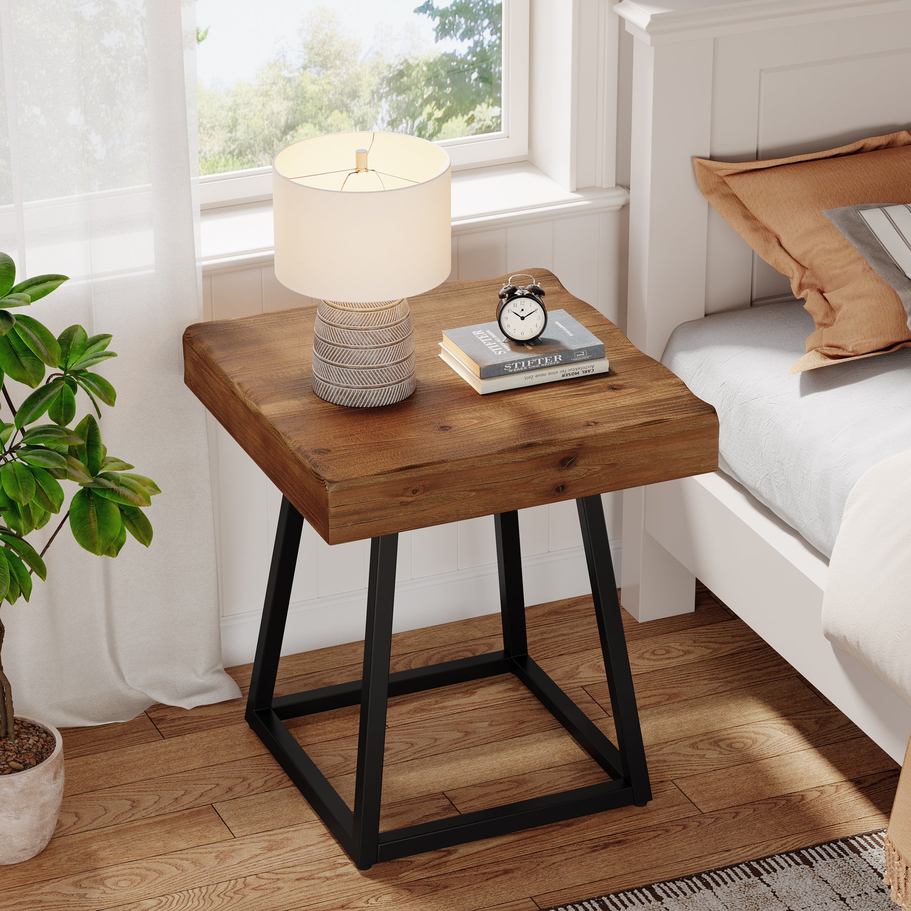 19.7 Inch Solid Wood Nightstand with Metal Frame, Industrial Square Bedside Table