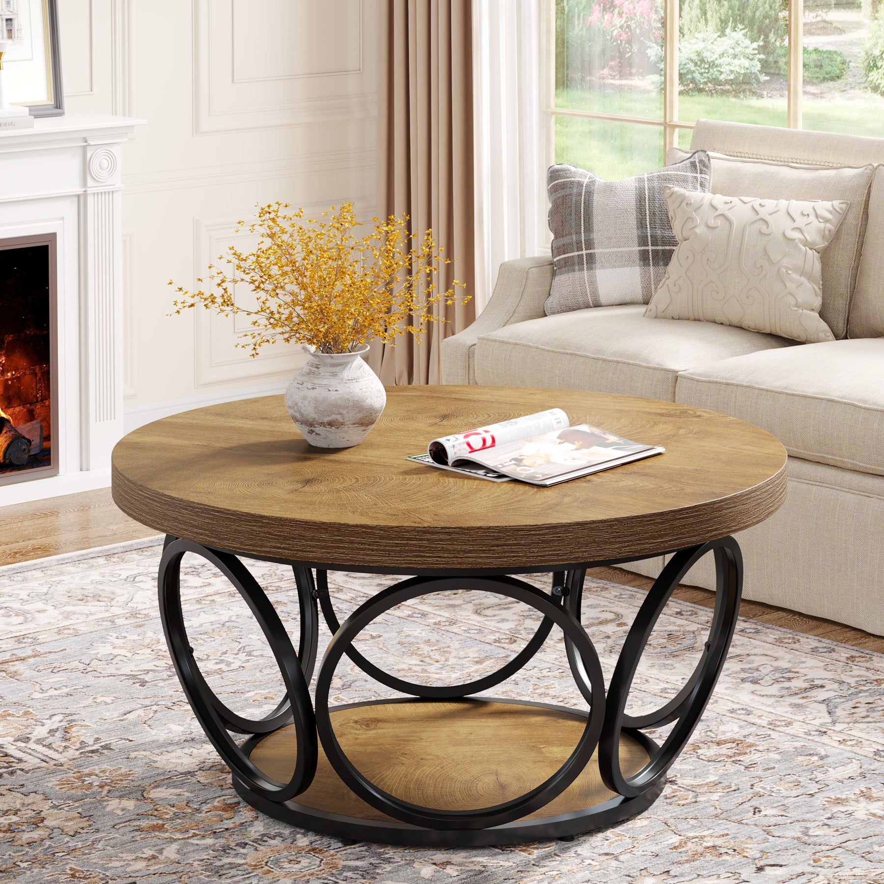 Tribesigns Coffee Table, Round Center Table with 2 Storage Shelves