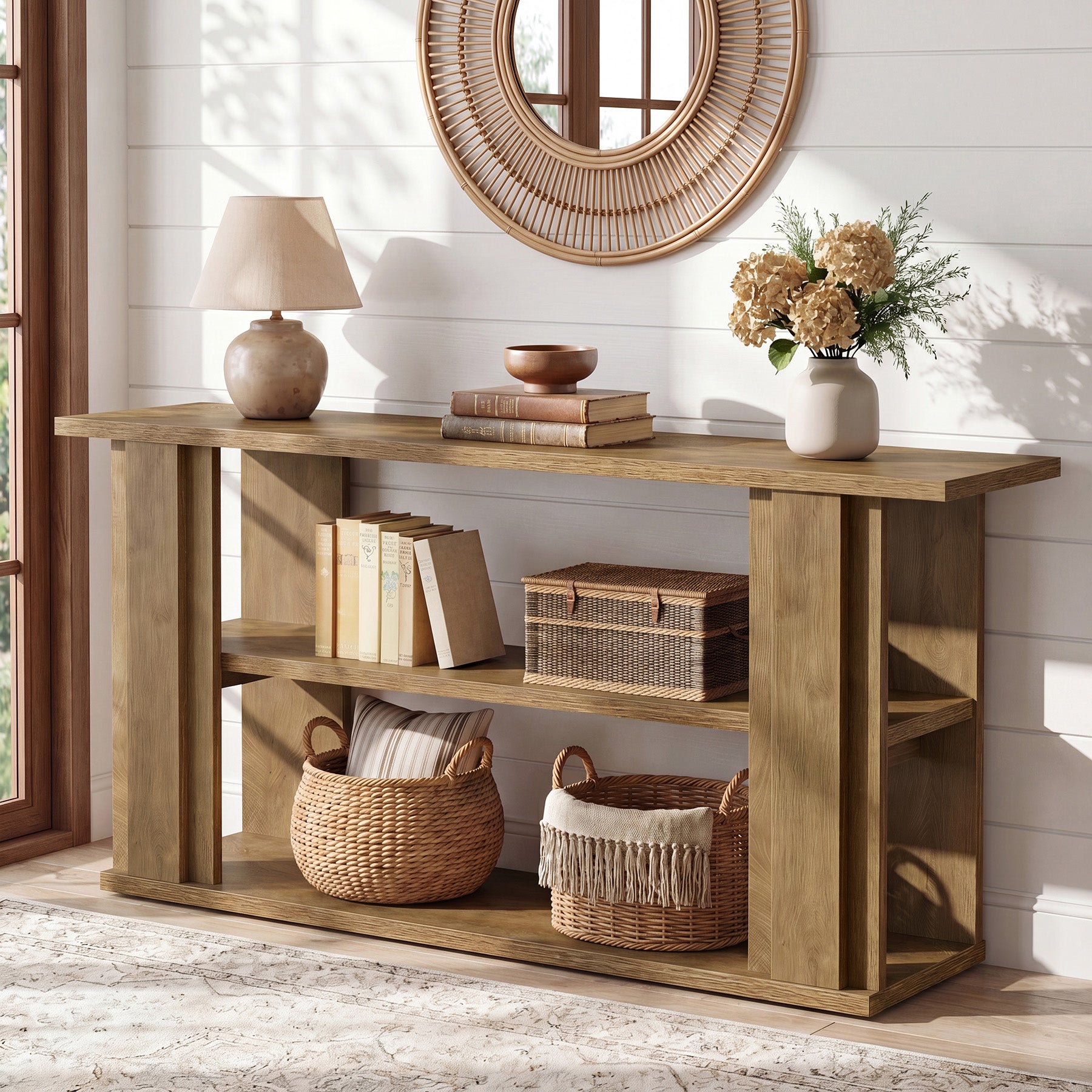 Tribesigns 63-Inch Farmhouse Console Table with 3-Tier Storage Shelves and Wide Panel Supports, Narrow Sofa Table for Living Room Hallway and Foyer
