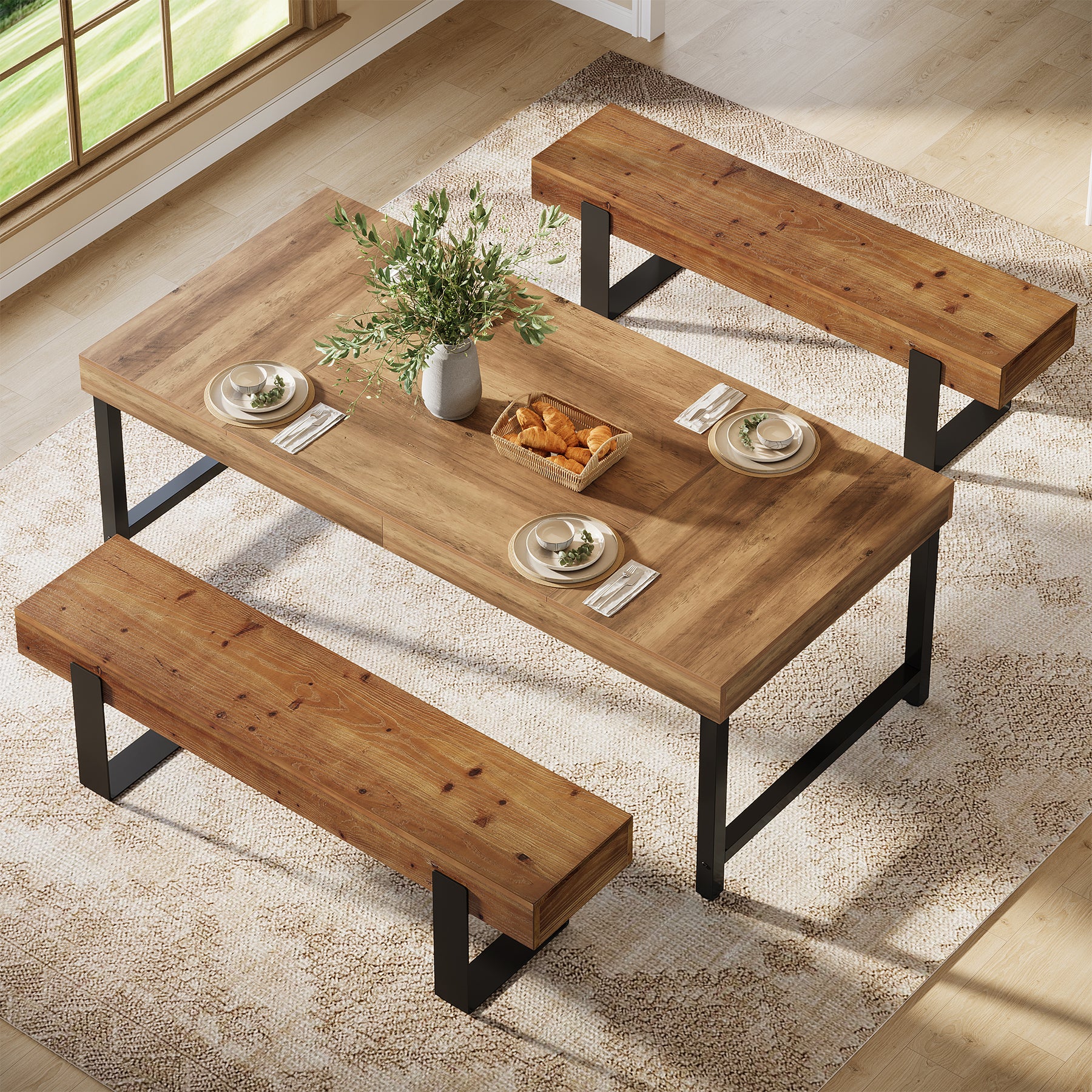 Tribesigns 63-Inch Solid Wood Dining Bench, Farmhouse Kitchen Seat with Metal Legs for Dining Room