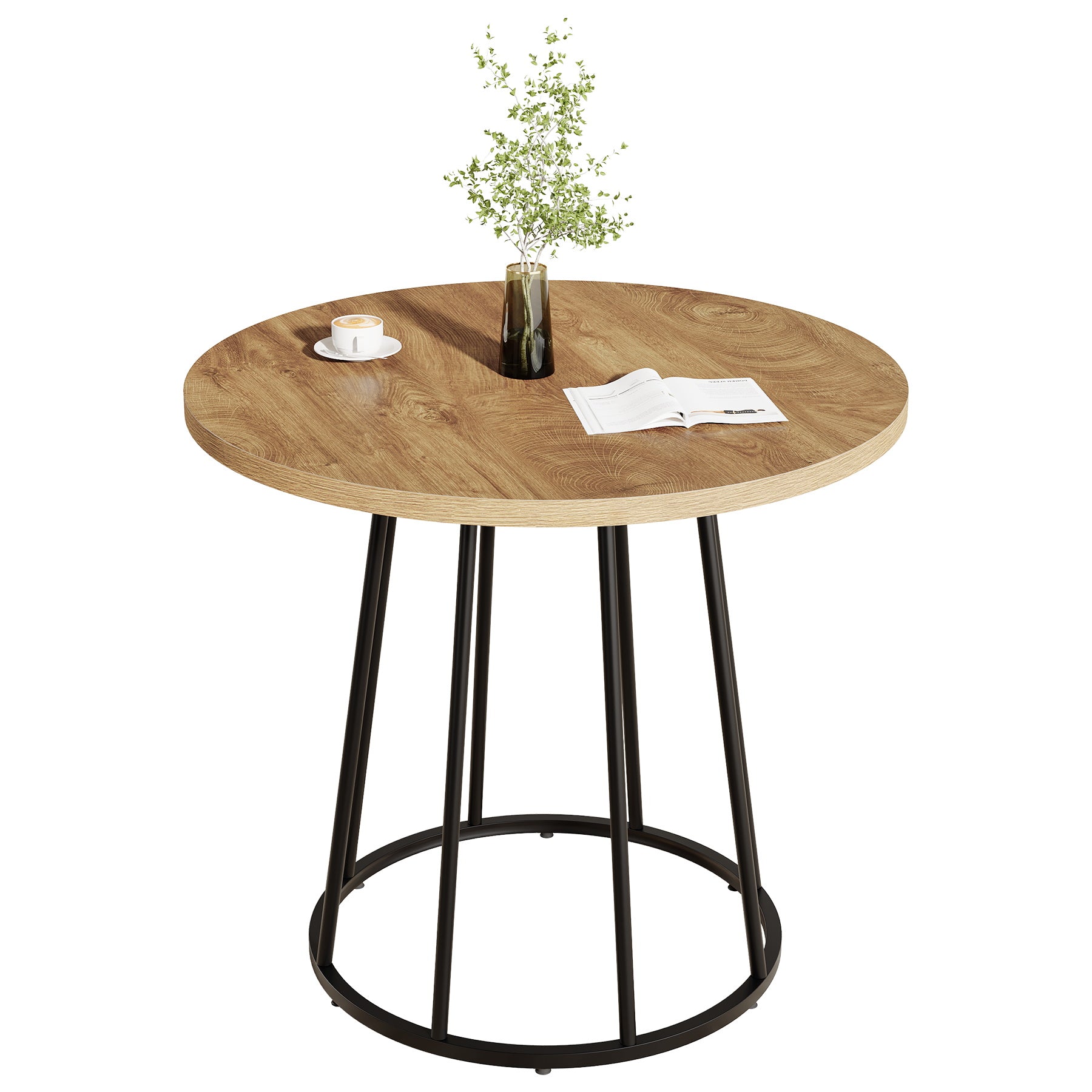 31.5 Inch Round Industrial Dining Table, Rustic Brown Circle Table with Metal Base for Small Spaces