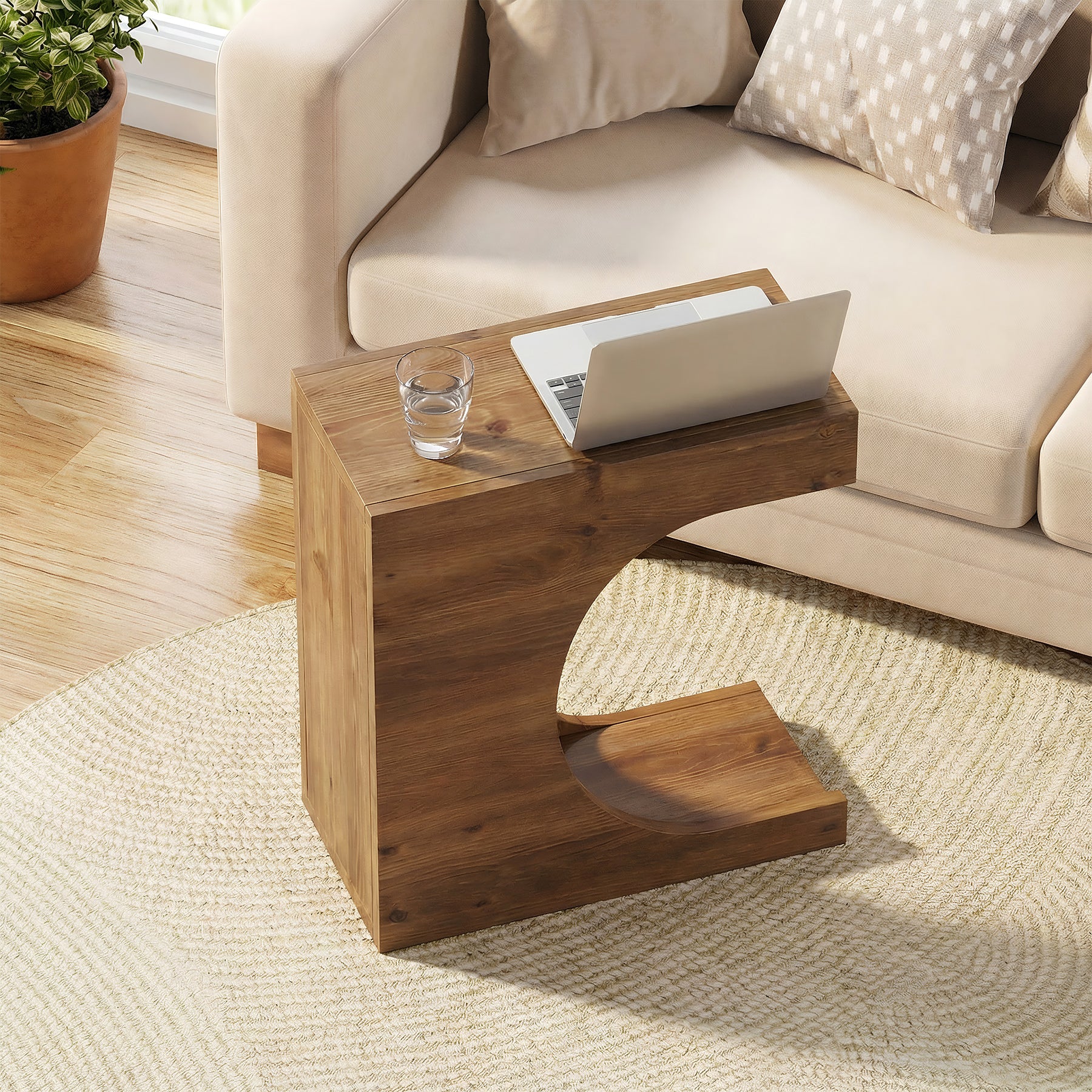 Tribesigns 11.8-Inch Wide Solid Wood C-Shaped Side Table with 2-Tier Storage Shelf