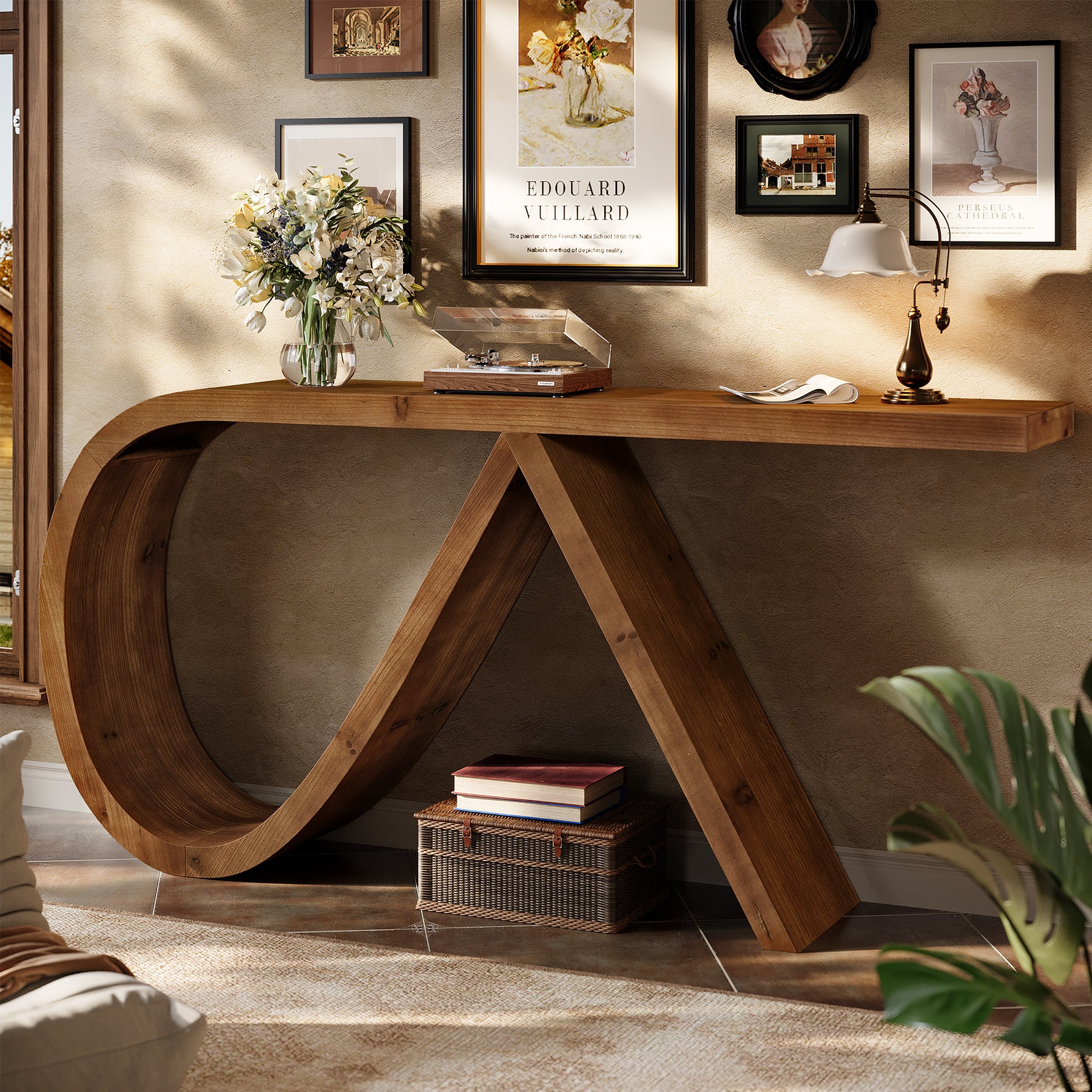 Tribesigns 57-Inch Curved Console Table, Solid Wood Sofa Table for Hallway