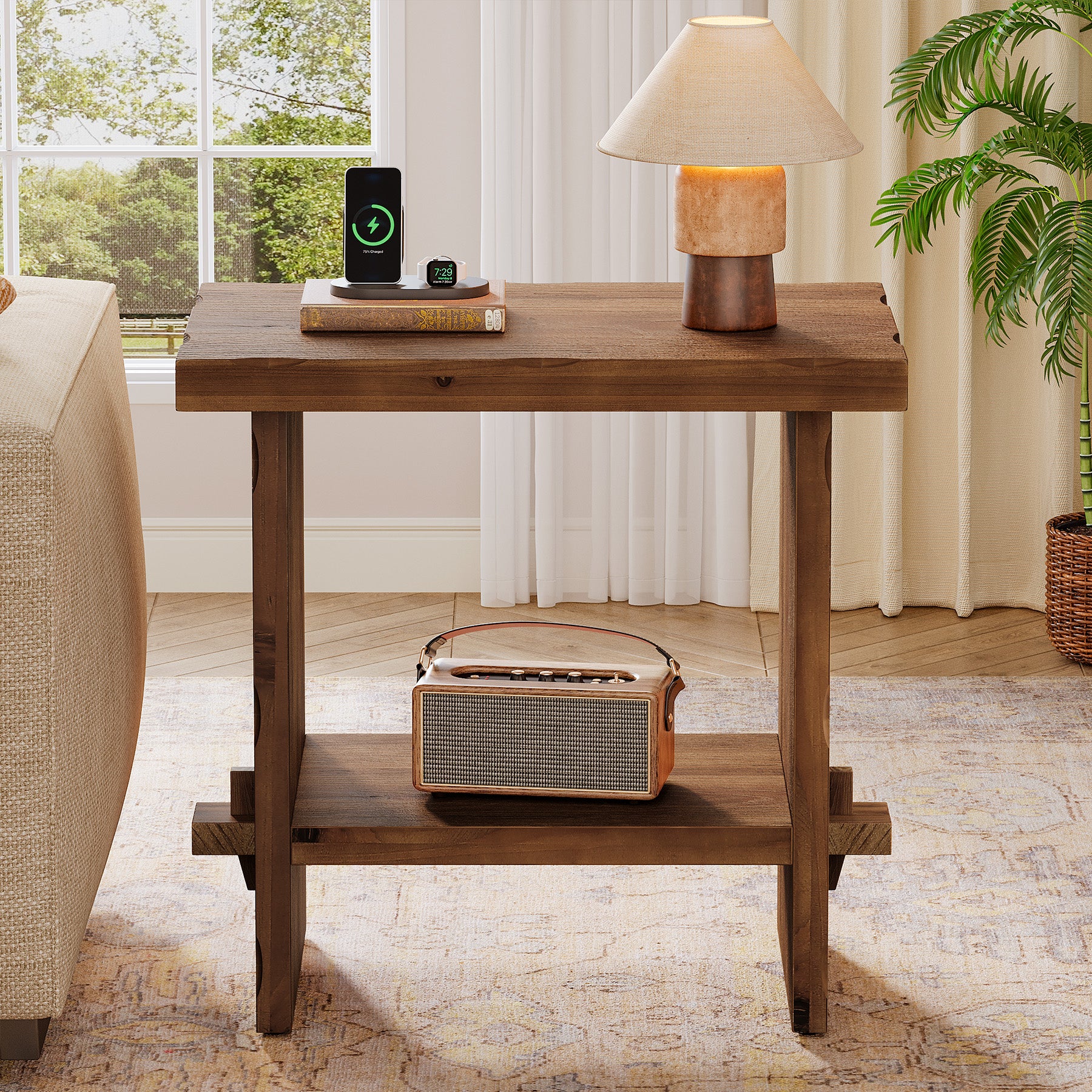 Tribesigns 23.62 Inch Solid Wood Side Table with 2-Tier Storage, Farmhouse End Table for Bedroom