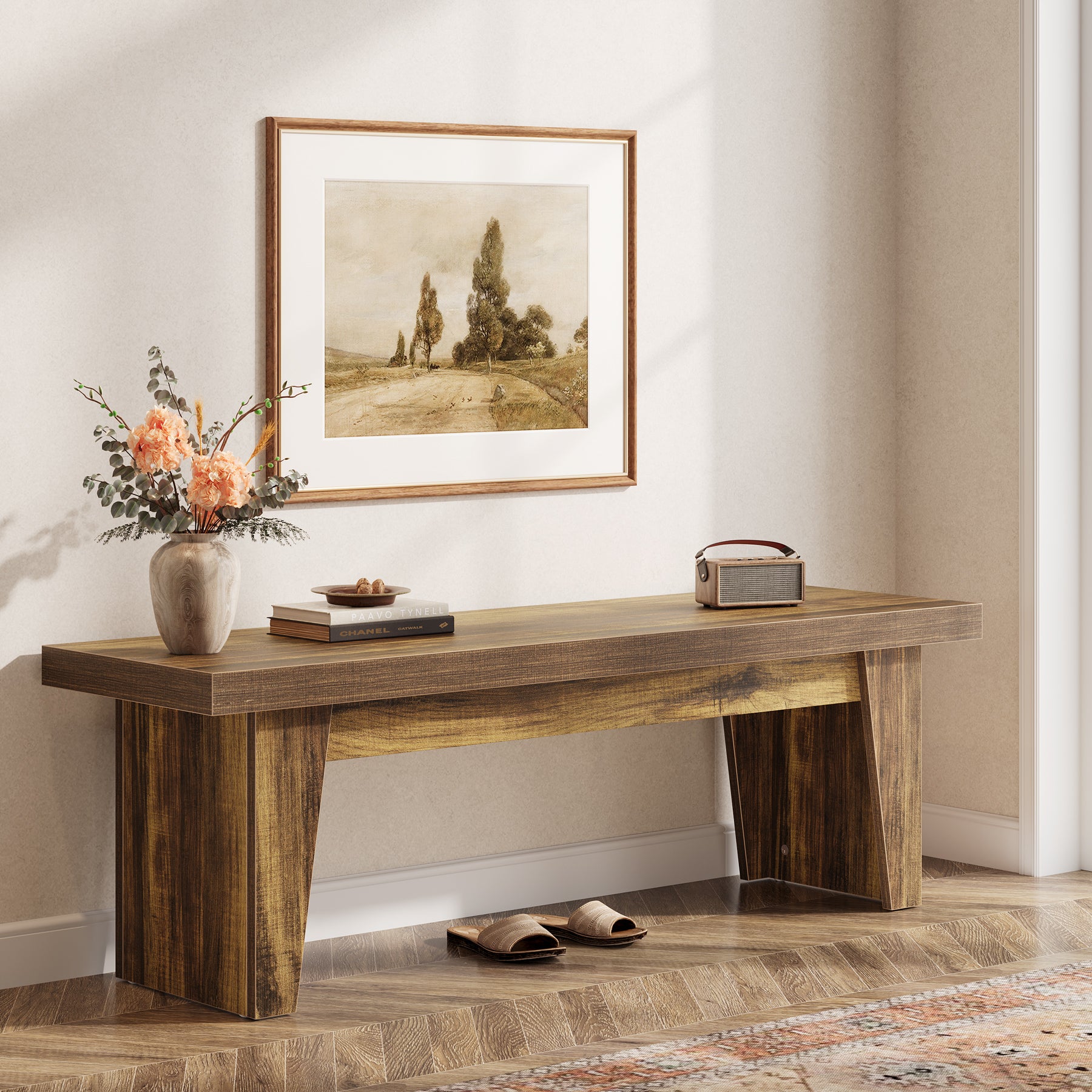Tribesigns 55.12-Inch Wooden Entryway Bench, Farmhouse Long Bench with Storage Space
