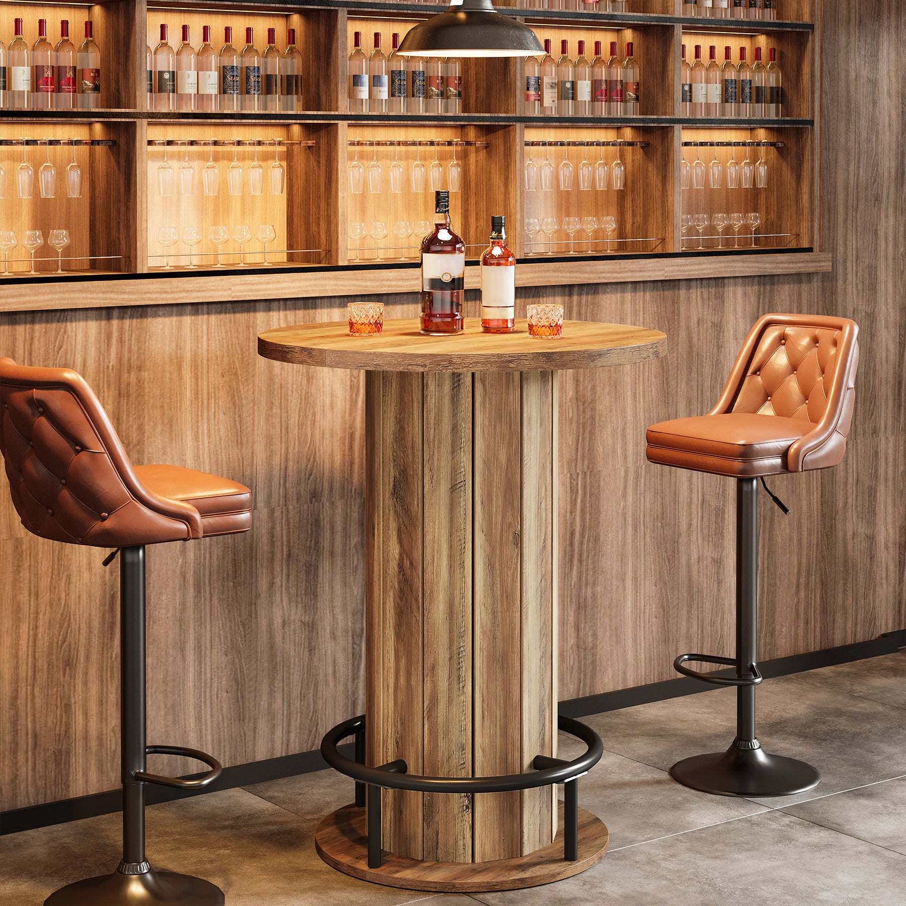 39.4" Round Wood Bar Table, Metal Ring Footrest for Dining & Living