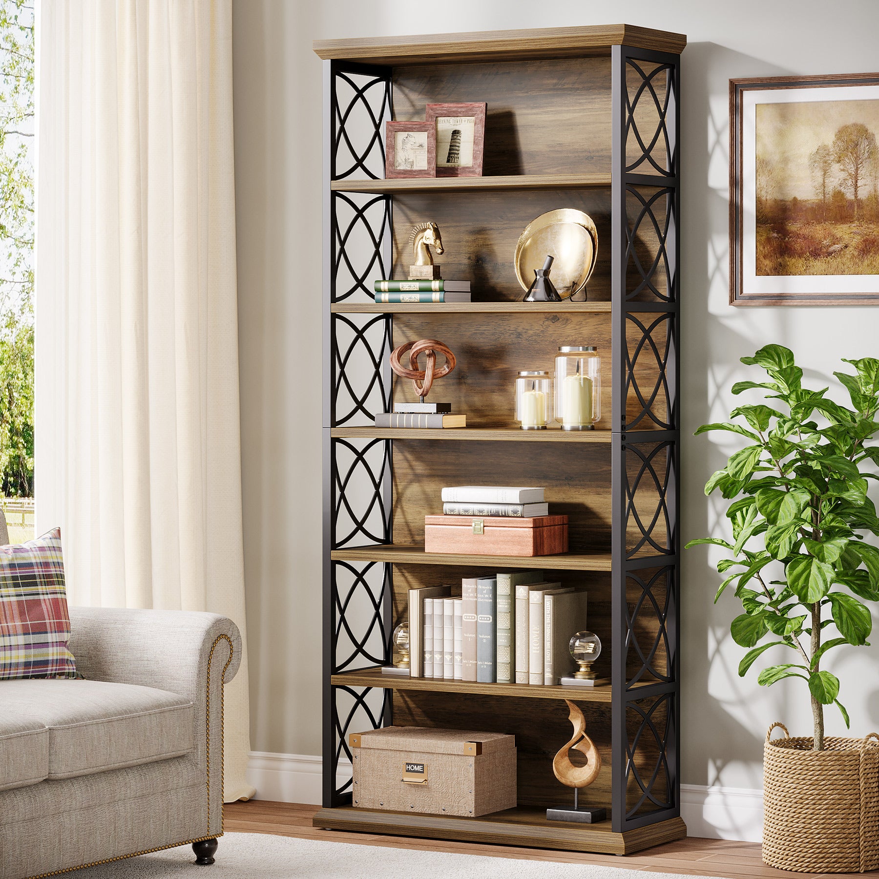 72.83-Inch Industrial Bookshelf with 320 lb Capacity, 6-Tier Wood and Metal Bookcase for Home Office