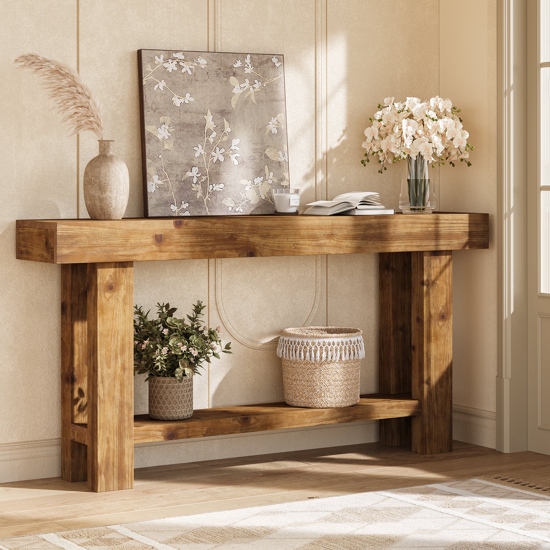 63-Inch Solid Wood Console Table with 2-Tier Storage Shelf, Farmhouse Narrow Sofa Table for Entryway