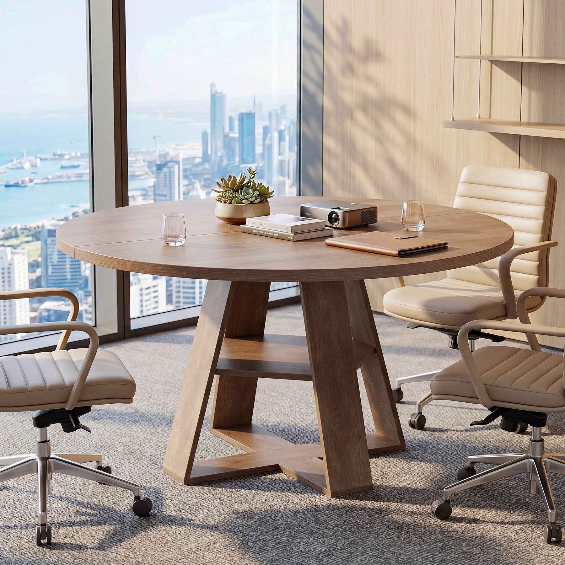 Tribesigns 47.24-Inch Round Conference Table for 4, Office Meeting Table with Lower Storage Shelf and X-Cross Base for Conference Room