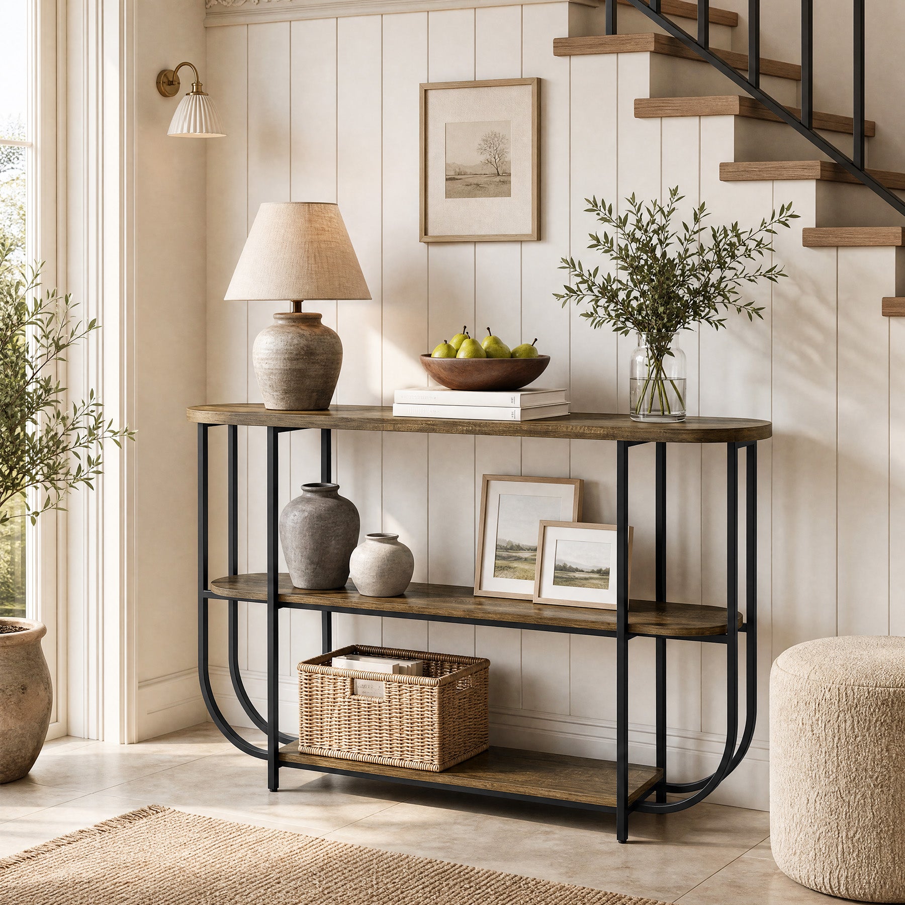 Tribesigns 63-Inch 3-Tier Narrow Console Table with Curved Metal Frame, Modern Vintage Entryway Sofa Table for Living Room