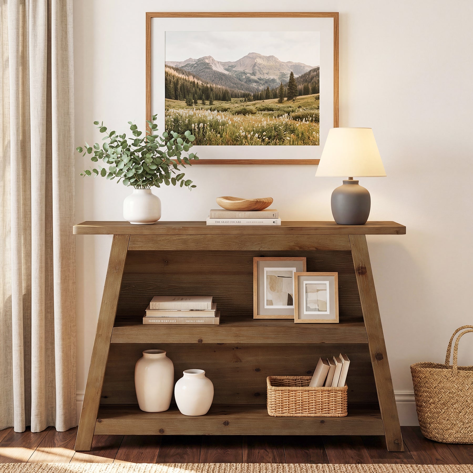 47.24-Inch Solid Wood Console Table, Farmhouse Entryway Table with 3-Tier Shelves