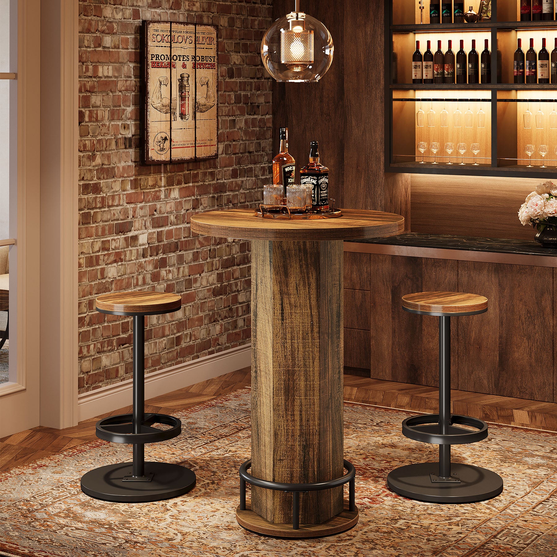 Tribesigns 23.62-Inch Round Bar Table Set, Industrial Bistro Table with 2 Bar Stools and Metal Footrest for Kitchen Apartment