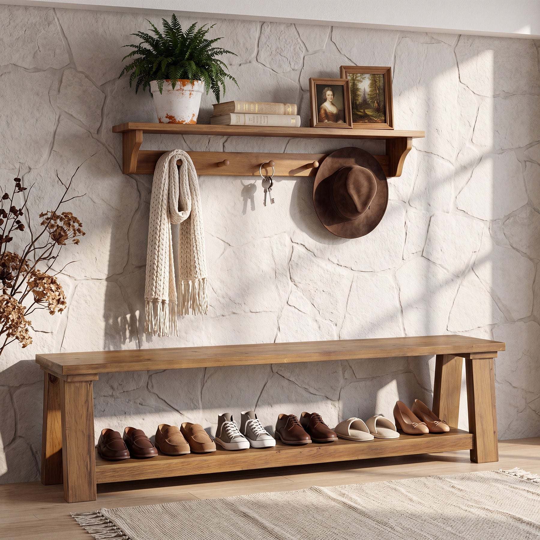 70.9-Inch Solid Wood Shoe Bench with Storage Shelf, Farmhouse Entryway Seat for Hallway