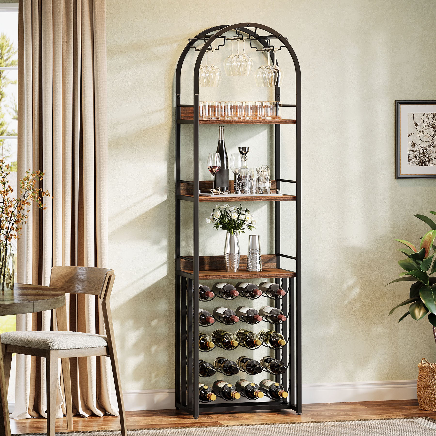 70.9" Tall Wine Rack with Glass Holder, Industrial Metal Wine Storage Stand with Tabletop