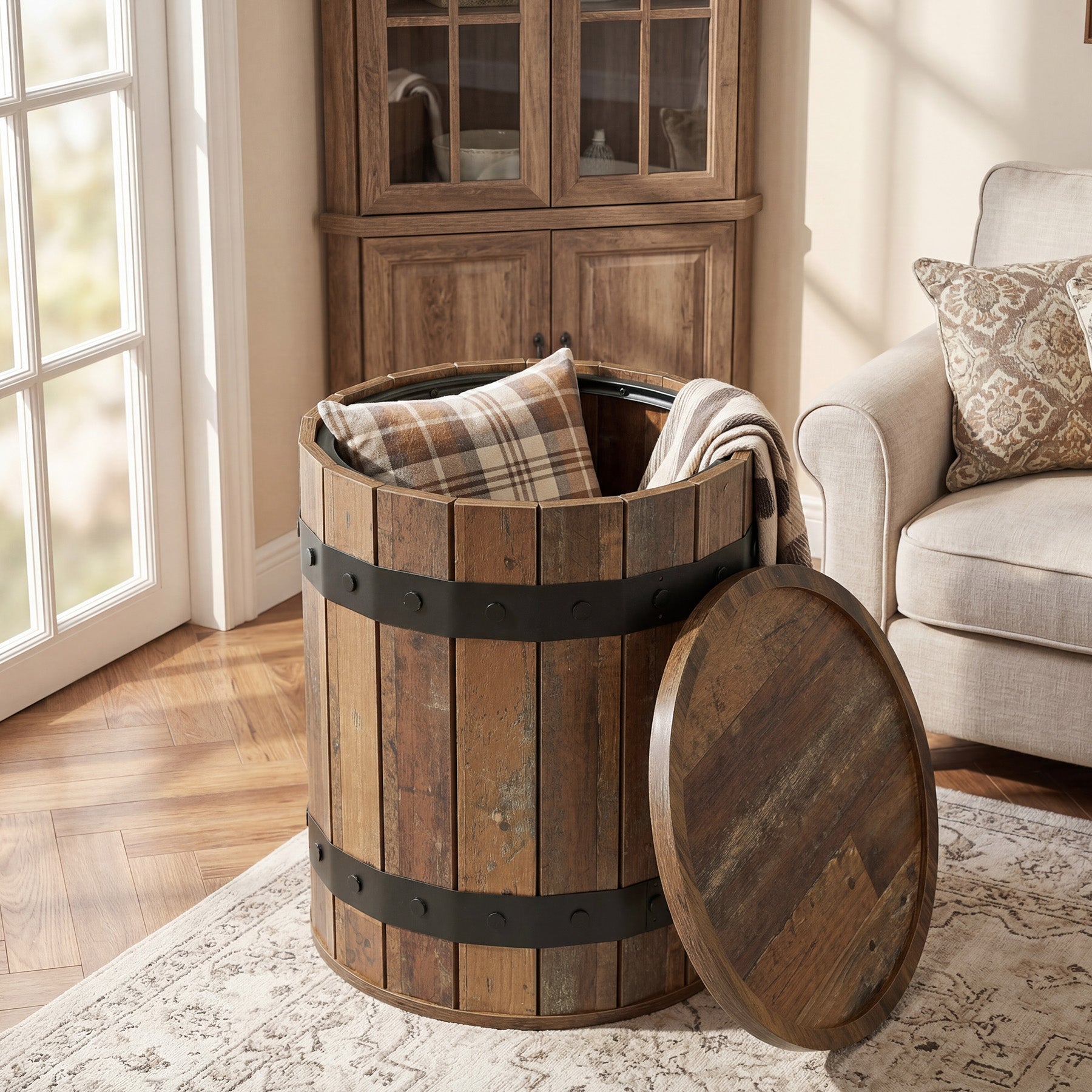 19.68-Inch Barrel Side Table with Hidden Storage, Farmhouse Round End Table with Removable Lid