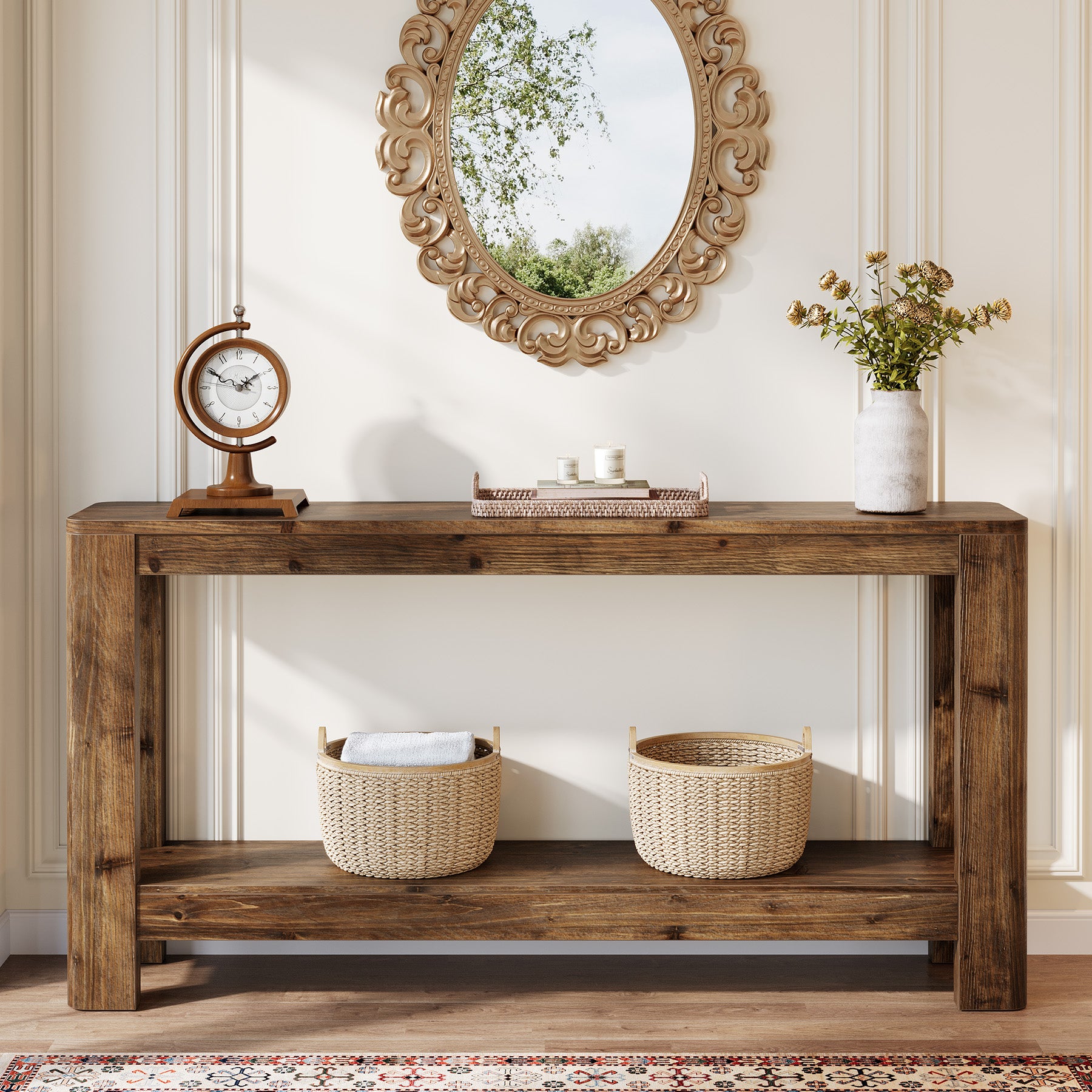63" Console Table, Solid Wood Farmhouse Sofa Table with 2-Tier Storage