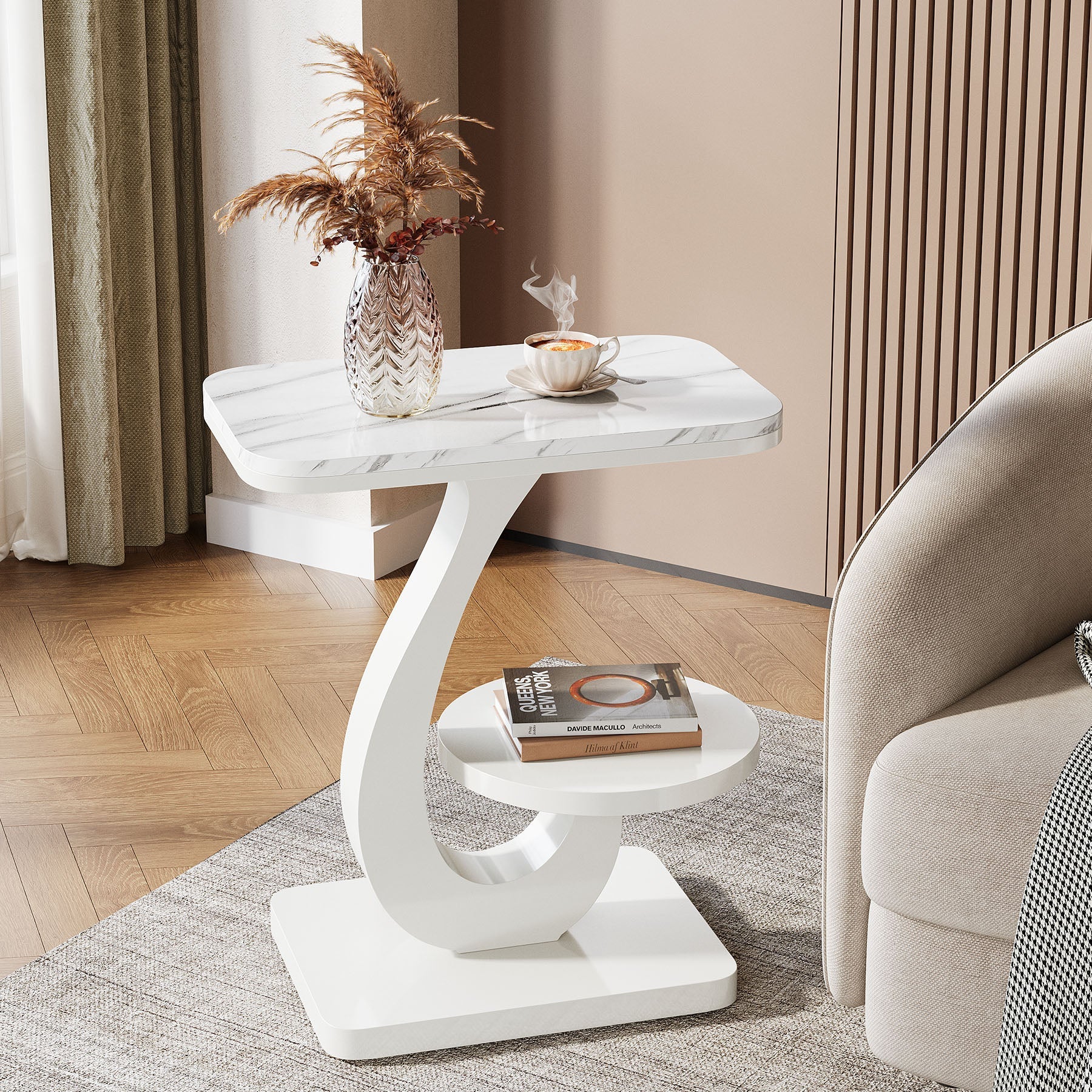 23.62“ C-Shaped End Table with 2-Tier Storage, Faux Marble Top White