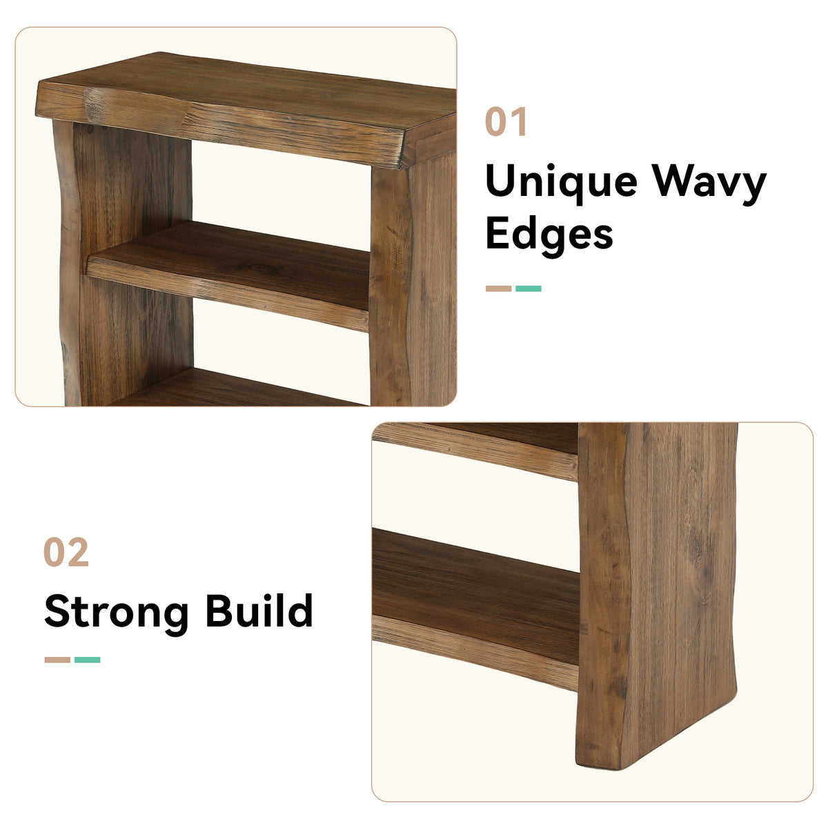 23.62 Inch Solid Wood End Table with 3-Tier Storage Shelves and Live-Edge Design, Narrow Side Table for Living Room