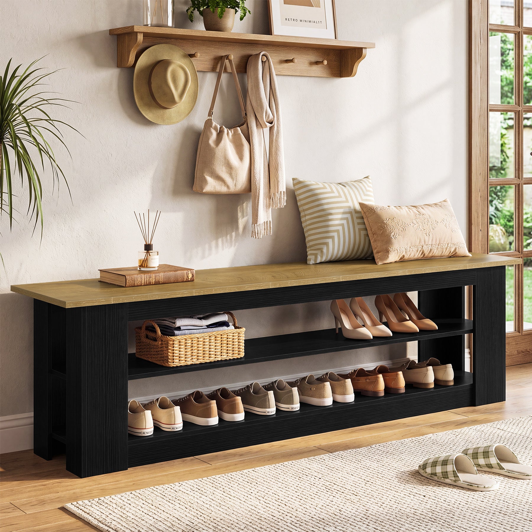 71-Inch Extra Long Shoe Storage Bench with 3-Tier Shelving, Farmhouse Entryway Seating