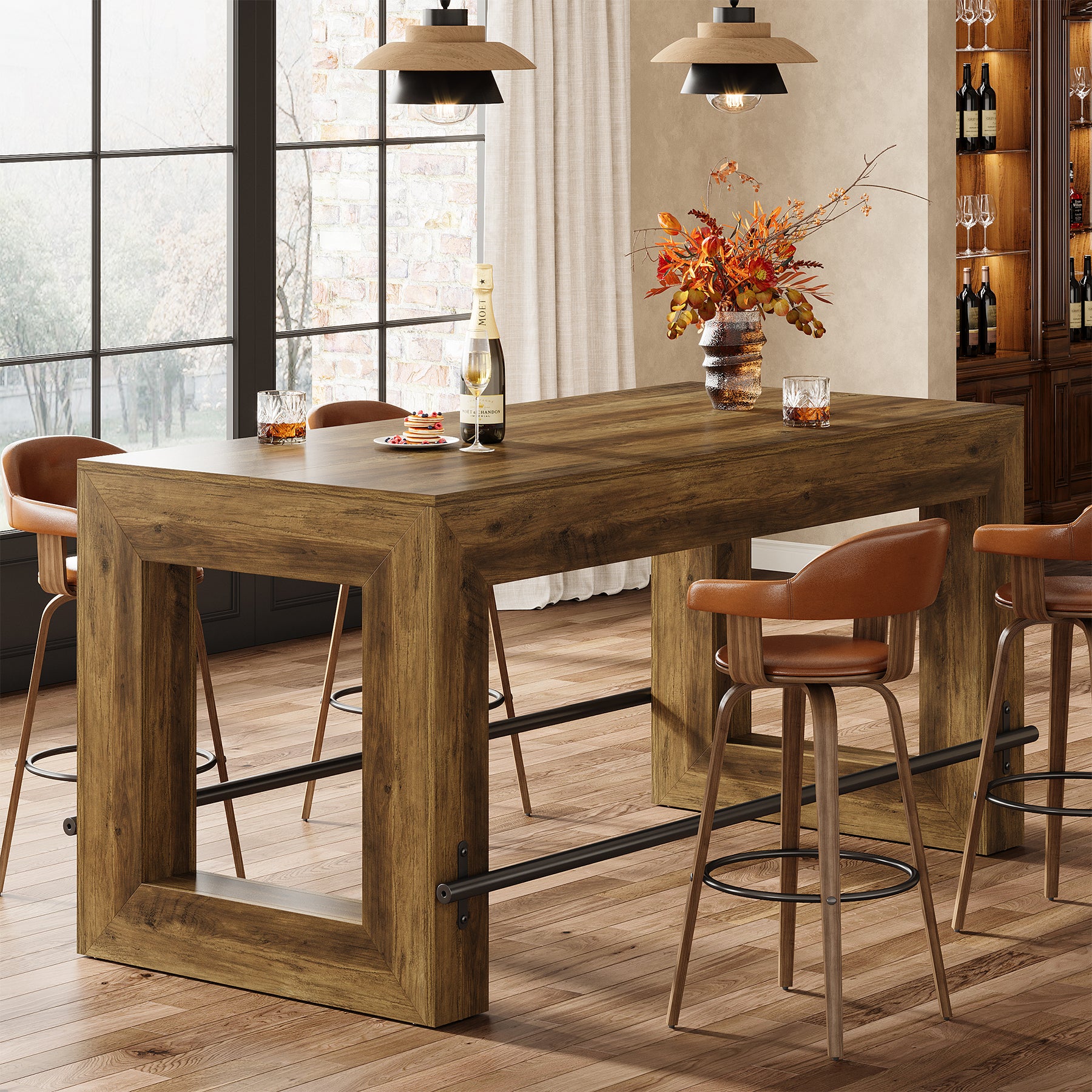 Tribesigns 59-Inch Industrial Bar Table with Metal Footrest, Counter Height Pub Table for Kitchen