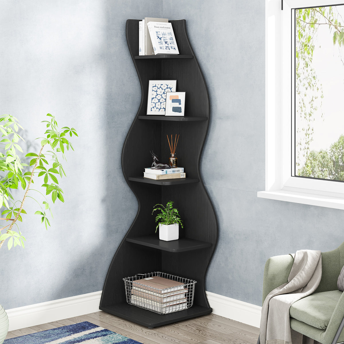 69.9" Tall Corner Shelf, 5-Tier Wavy Display Shelf for Plants & Decor