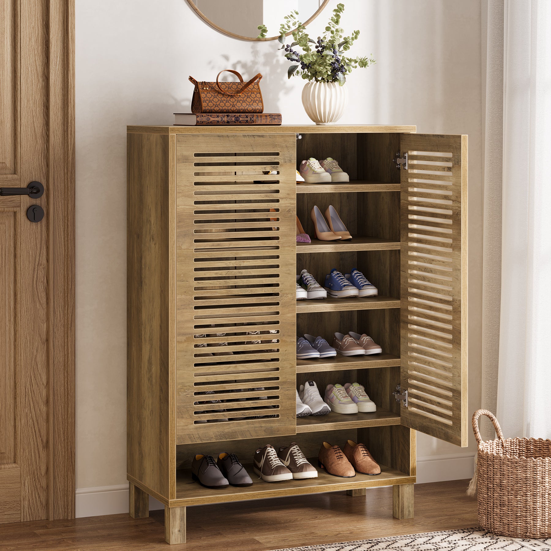 Free-Standing Shoe Cabinet, Narrow Farmhouse Wooden Organizer with 6 Shelves