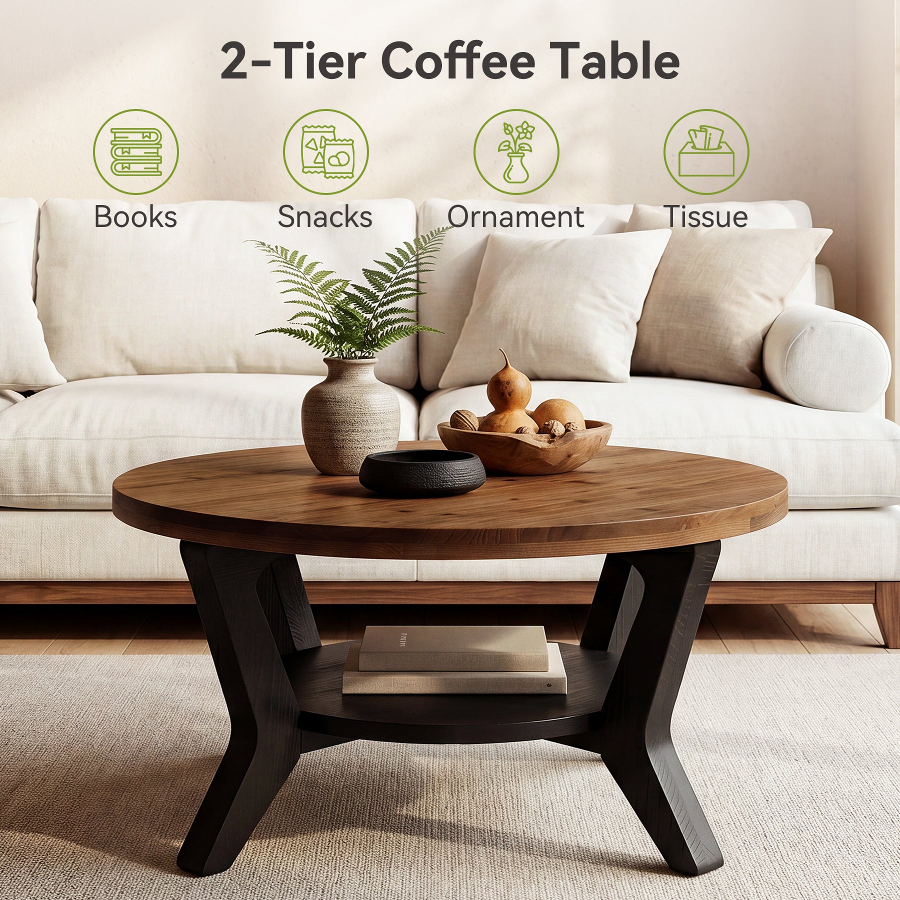 Tribesigns 31.5-Inch Solid Fir Wood Coffee Table with 2-Tier Storage, Round Table for Living Room